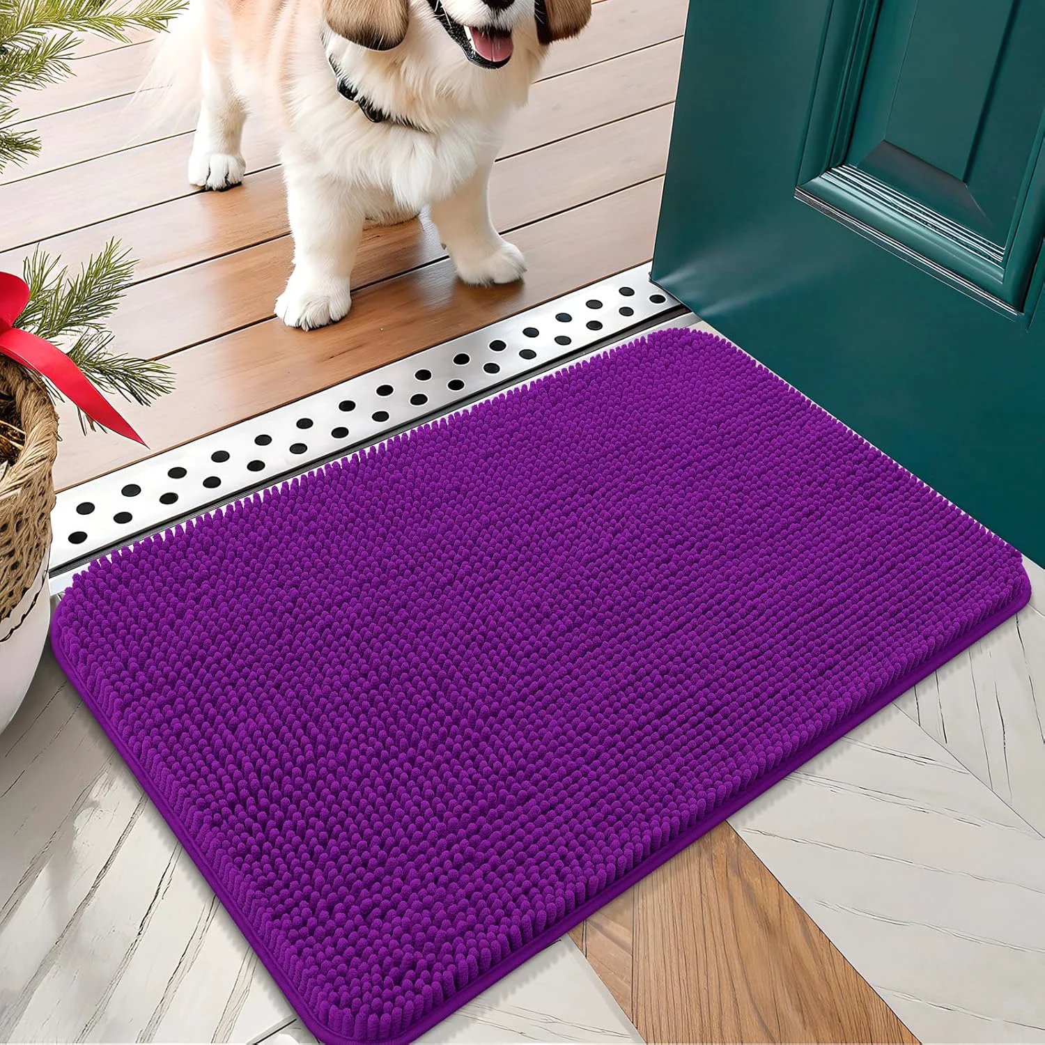 Sophisticated OLANLY Dog Door Mat for Muddy Paws 30x17 Absorbs Moisture and Dirt Absorbent Non-Slip Washable Doormat Quick Dry Chenille Mud Mat for Dogs Entry Indoor Entryway Carpet for Inside Floor Purple Soft