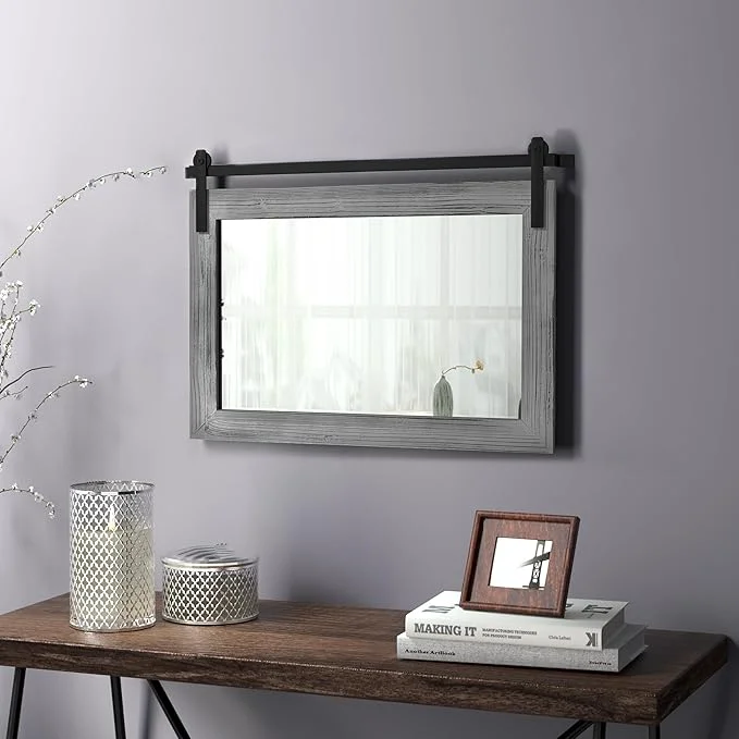 Contemporary COGOOD Farmhouse Barn Door Mirror - 25 x 18 Rustic Wood Framed Decrative Mirror for Bathroom Living Room Entryway Wall Decor Grey About ThisOverview Proven
