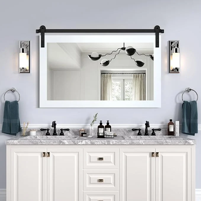 Sophisticated COGOOD Farmhouse Bathroom Mirror - 41 x 30 Rustic Barn Door Mirror for Living Room Entryway Bedroom Vanity Wall Decor Pure White About ThisOverview Detailed
