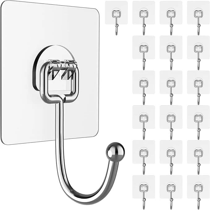 Authentic Large Adhesive Hooks for Hanging Heavy-Duty 44Ib Max 20 Packs Wall Hangers without Nails Self-Adhesive Traceless Clear and Removable Waterproof and Rustproof Multiple Uses for Bathroom Kitchen HomeAbout ThisOverview Verified