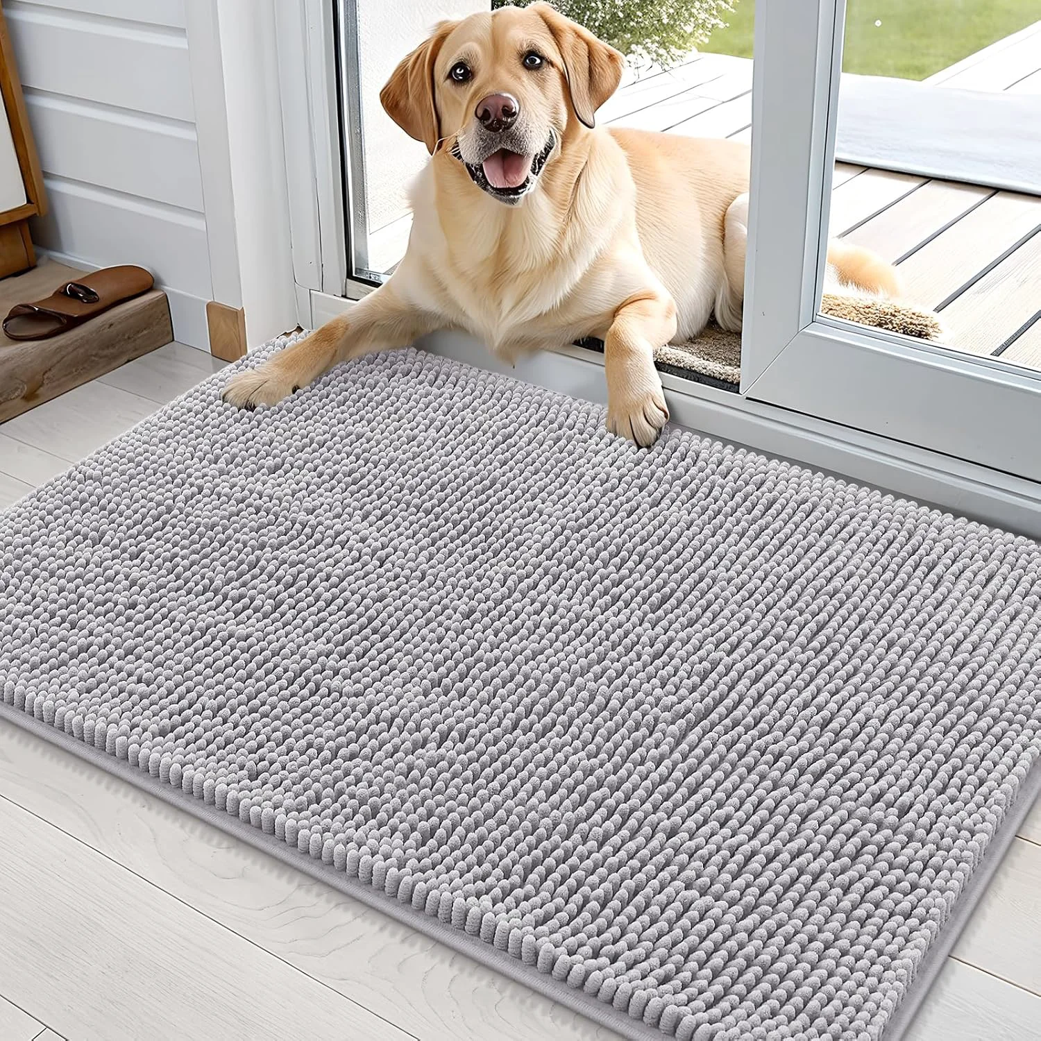 Trendy OLANLY Dog Door Mat for Muddy Paws 36x24 Absorbs Moisture and Dirt Absorbent Non-Slip Washable Doormat Quick Dry Chenille Mud Mat for Dogs Entry Indoor Entryway Carpet for Inside Floor Light Grey Flexible
