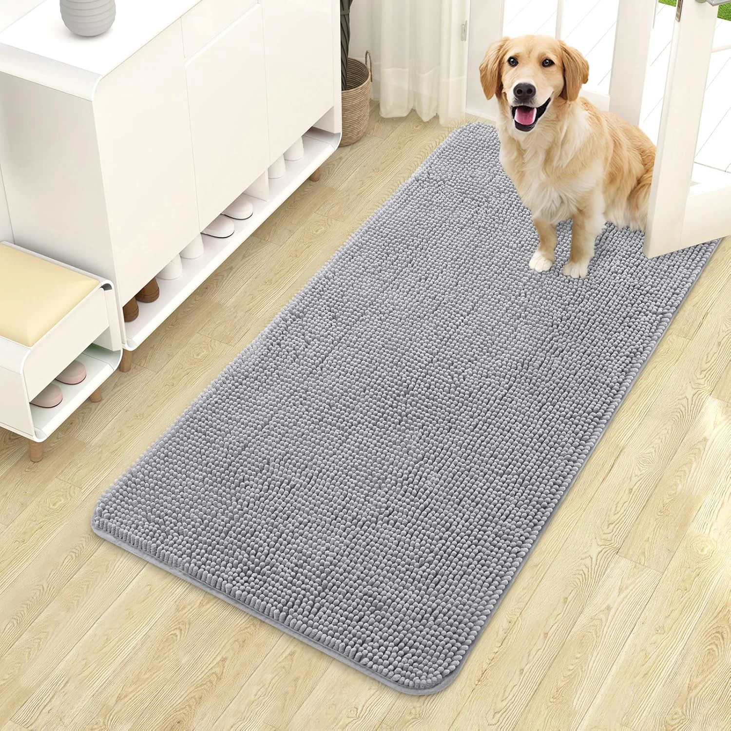 Stylish OLANLY Dog Door Mat for Muddy Paws 44x24 Absorbs Moisture and Dirt Absorbent Non-Slip Washable Doormat Quick Dry Chenille Mud Mat for Dogs Entry Indoor Entryway Carpet for Inside Floor Light Grey Crafted
