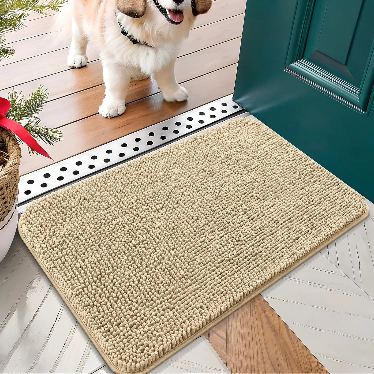 Trendy OLANLY Dog Door Mat for Muddy Paws 24x16 Absorbs Moisture and Dirt Absorbent Non-Slip Washable Doormat Quick Dry Chenille Mud Mat for Dogs Entry Indoor Entryway Carpet for Inside Floor Beige Fine