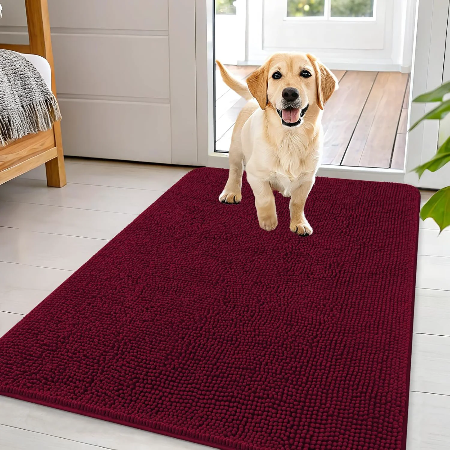 Comfortable OLANLY Dog Door Mat for Muddy Paws 44x32 Absorbs Moisture and Dirt Absorbent Non-Slip Washable Doormat Quick Dry Chenille Mud Mat for Dogs Entry Indoor Entryway Carpet for Inside Floor Burgundy Flexible