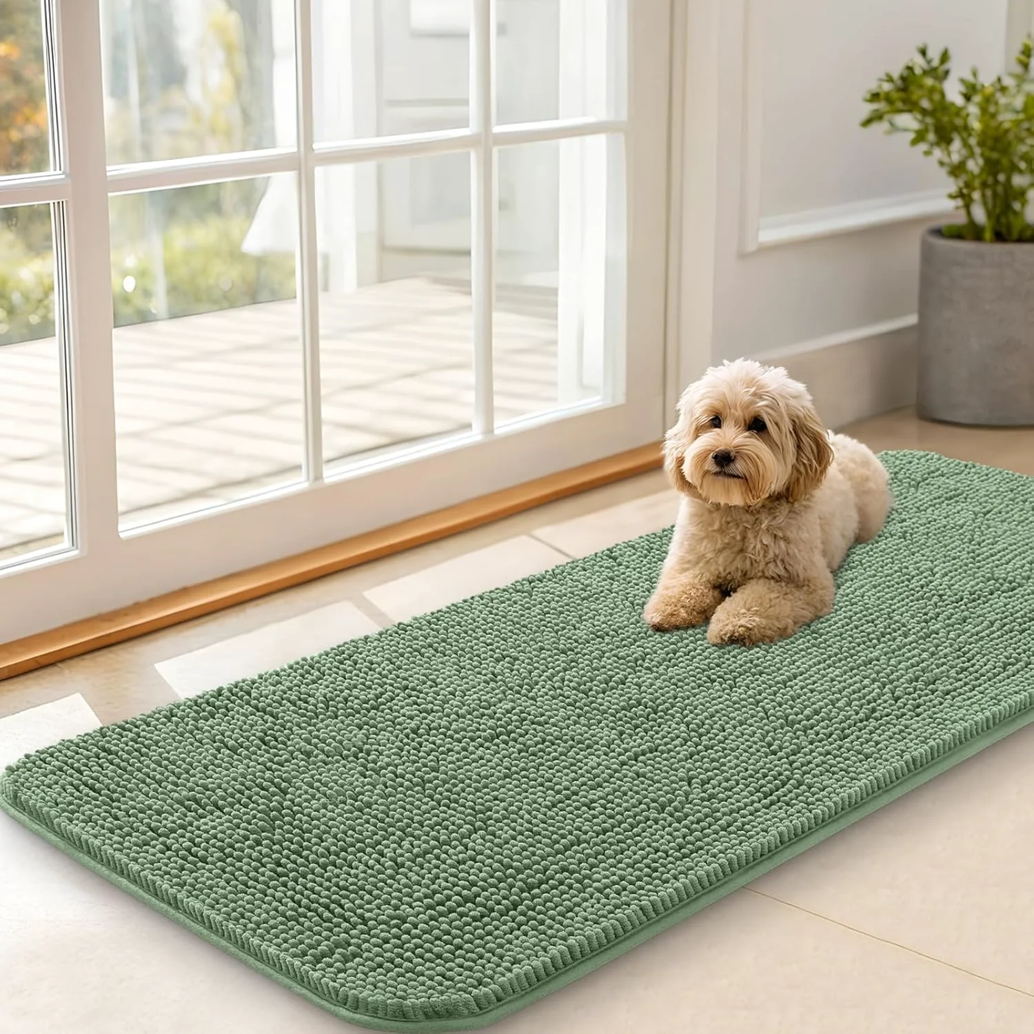 Elite OLANLY Dog Door Mat for Muddy Paws 47x20 Absorbs Moisture and Dirt Absorbent Non-Slip Washable Doormat Quick Dry Chenille Mud Mat Entry Indoor Entryway Carpet for Inside Floor Olive Green Clean