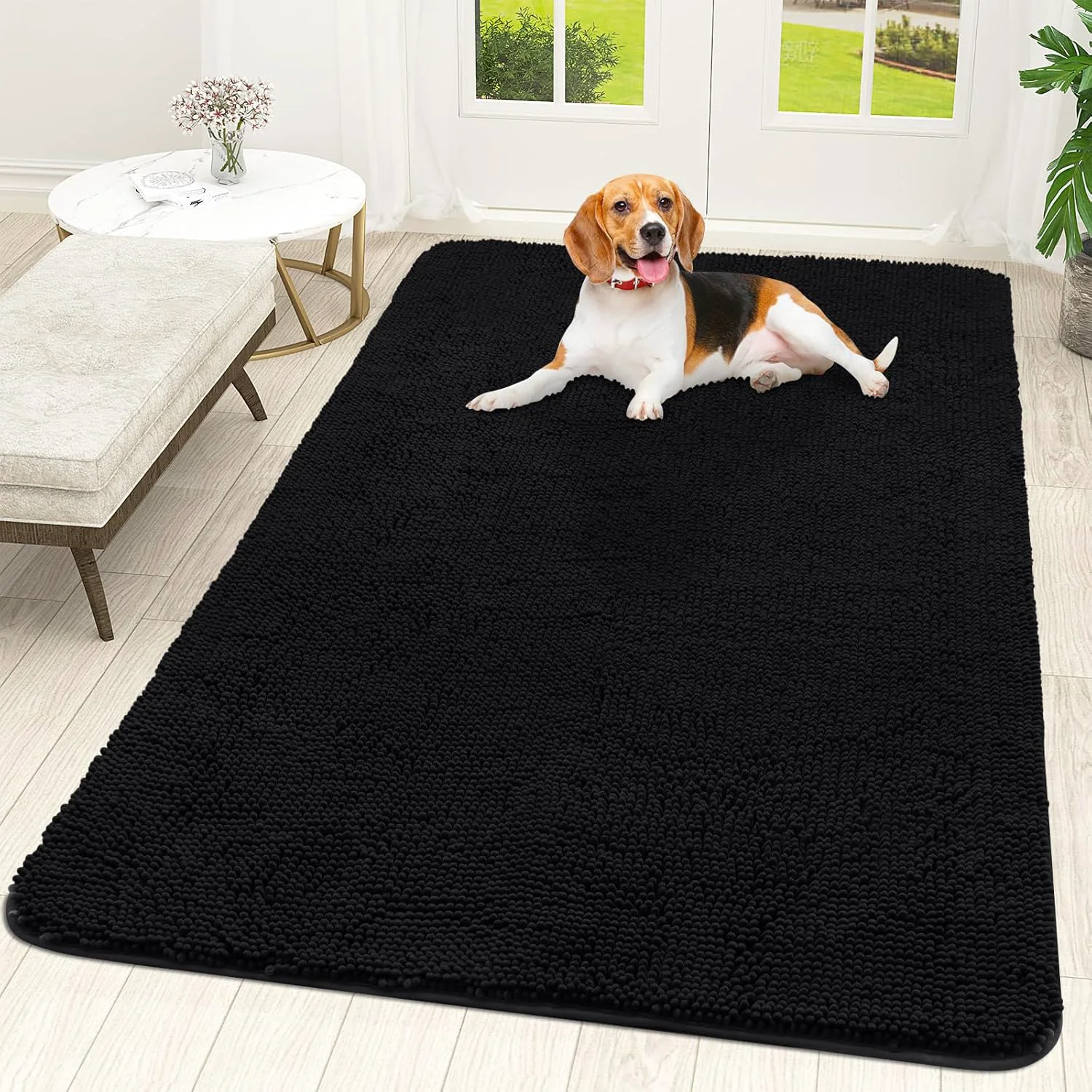 Authentic OLANLY Dog Door Mat for Muddy Paws 70x46 Absorbs Moisture and Dirt Absorbent Non-Slip Washable Doormat Quick Dry Chenille Mud Mat for Dogs Entry Indoor Entryway Carpet for Inside Floor Black Flexible