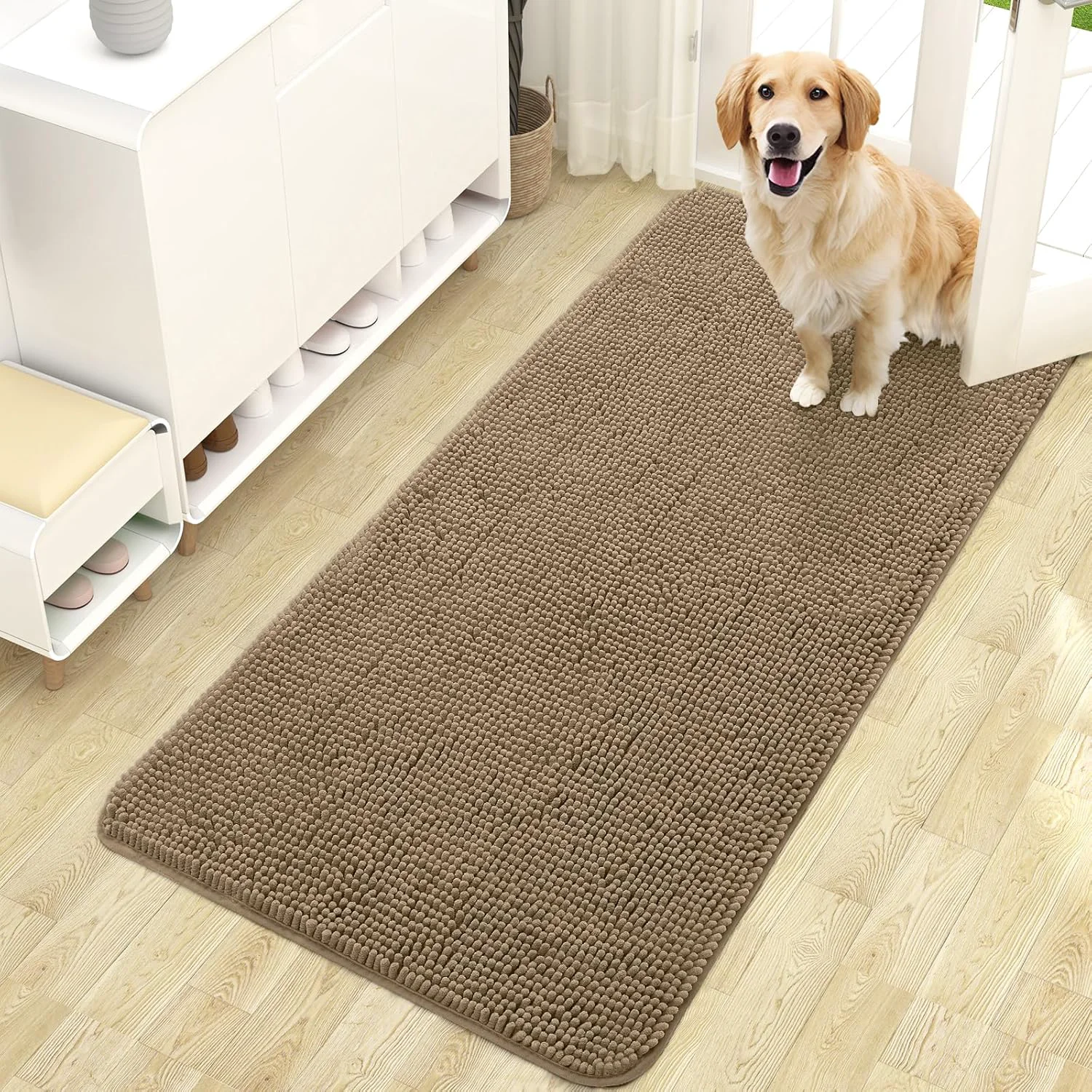 Fashionable OLANLY Dog Door Mat for Muddy Paws 47x24 Absorbs Moisture and Dirt Absorbent Non-Slip Washable Doormat Quick Dry Chenille Mud Mat for Dogs Entry Indoor Entryway Carpet for Inside Floor Tan Luxury