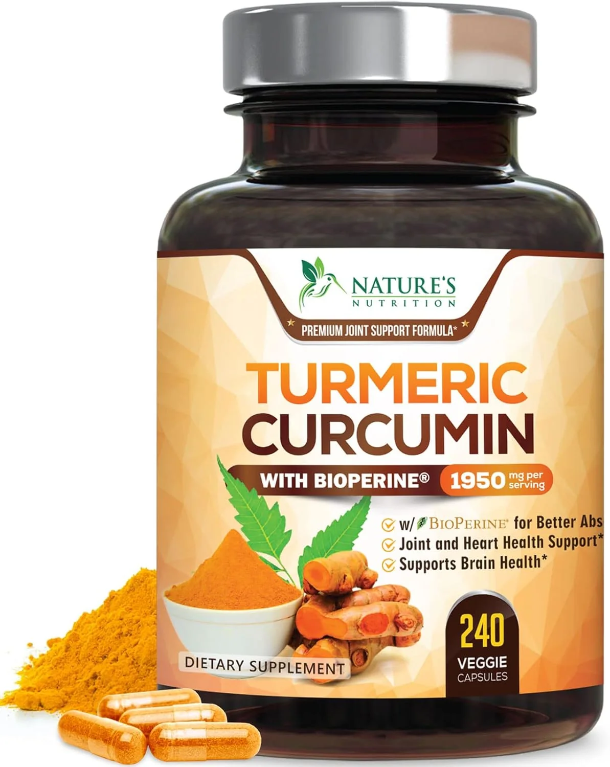 Smart Turmeric Curcumin Supplement 1950mg - 95 Curcuminoids with Organic Turmeric BioPerine Black Pepper Extract for Absorption Nature's Vegan Joint Support Non-GMO Bottled in USA - 240 Capsules Carefully Designed