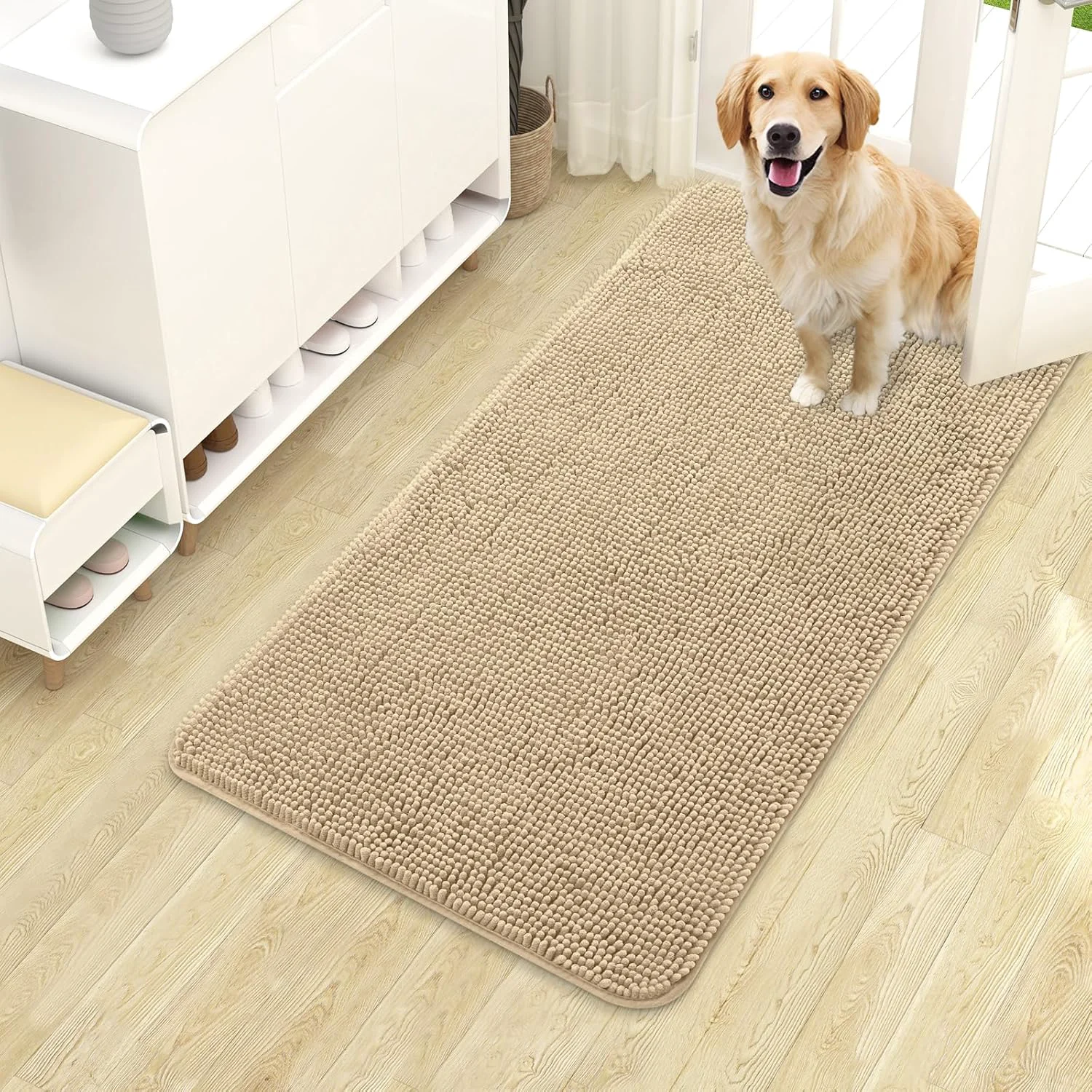 Easy-to-Use OLANLY Dog Door Mat for Muddy Paws 40x24 Absorbs Moisture and Dirt Absorbent Non-Slip Washable Doormat Quick Dry Chenille Mud Mat for Dogs Entry Indoor Entryway Carpet for Inside Floor Beige Crafted