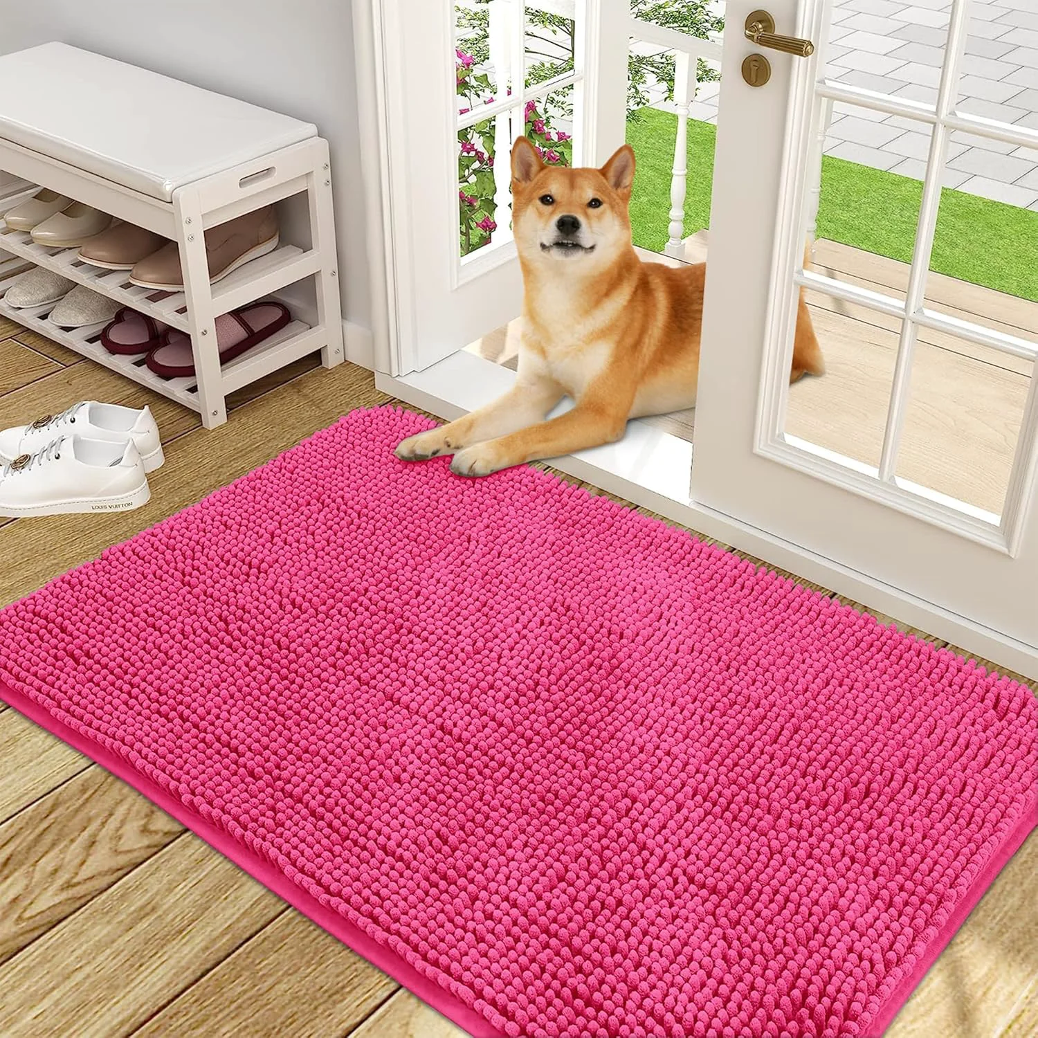 Casual OLANLY Dog Door Mat for Muddy Paws 48x30 Absorbs Moisture and Dirt Absorbent Non-Slip Washable Doormat Quick Dry Chenille Mud Mat for Dogs Entry Indoor Entryway Carpet for Inside Floor Hot Pink Effective