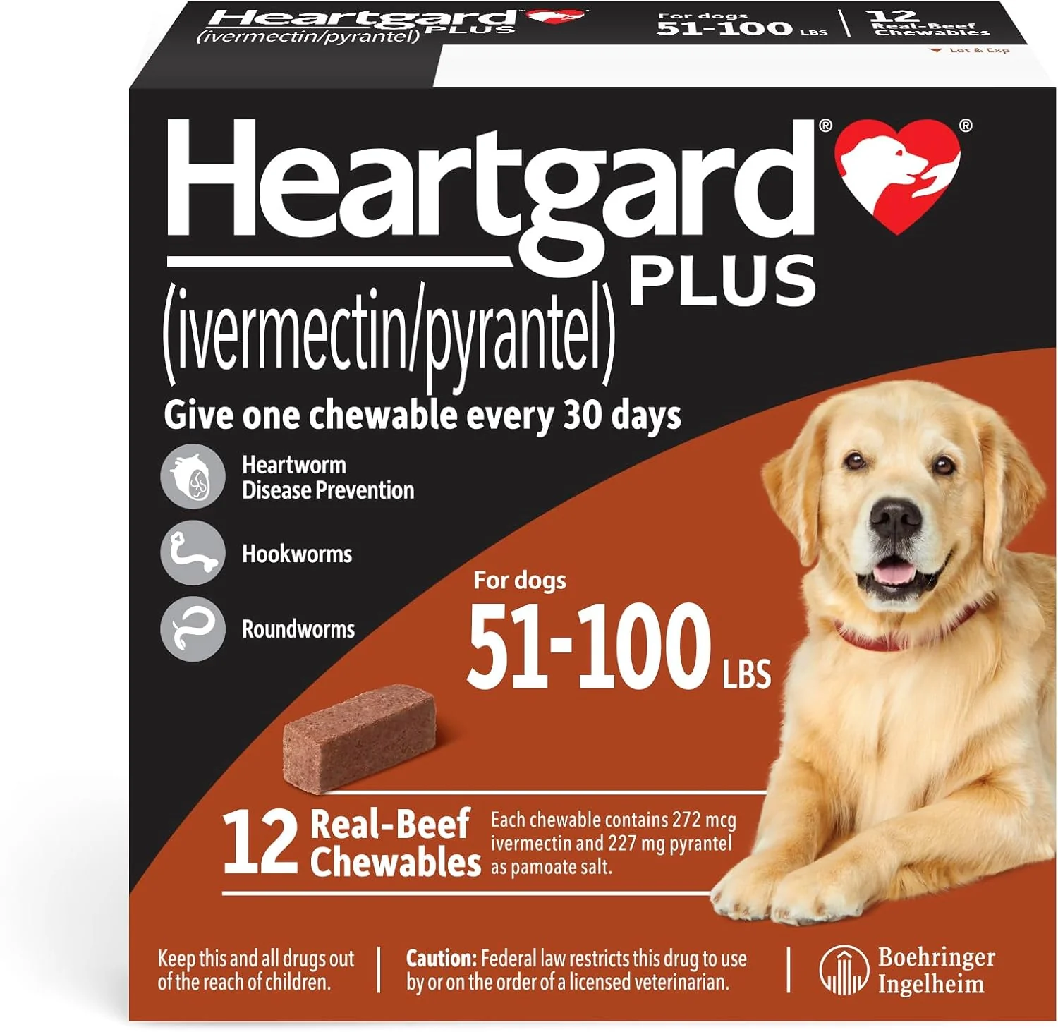 Exceptional HEARTGARD® Plus ivermectin pyrantel -Beef Chewables for Dogs 51 -100 lbs Brown Box 12 Month Supply of Chews Heartworm Disease Preventive Top-Quality