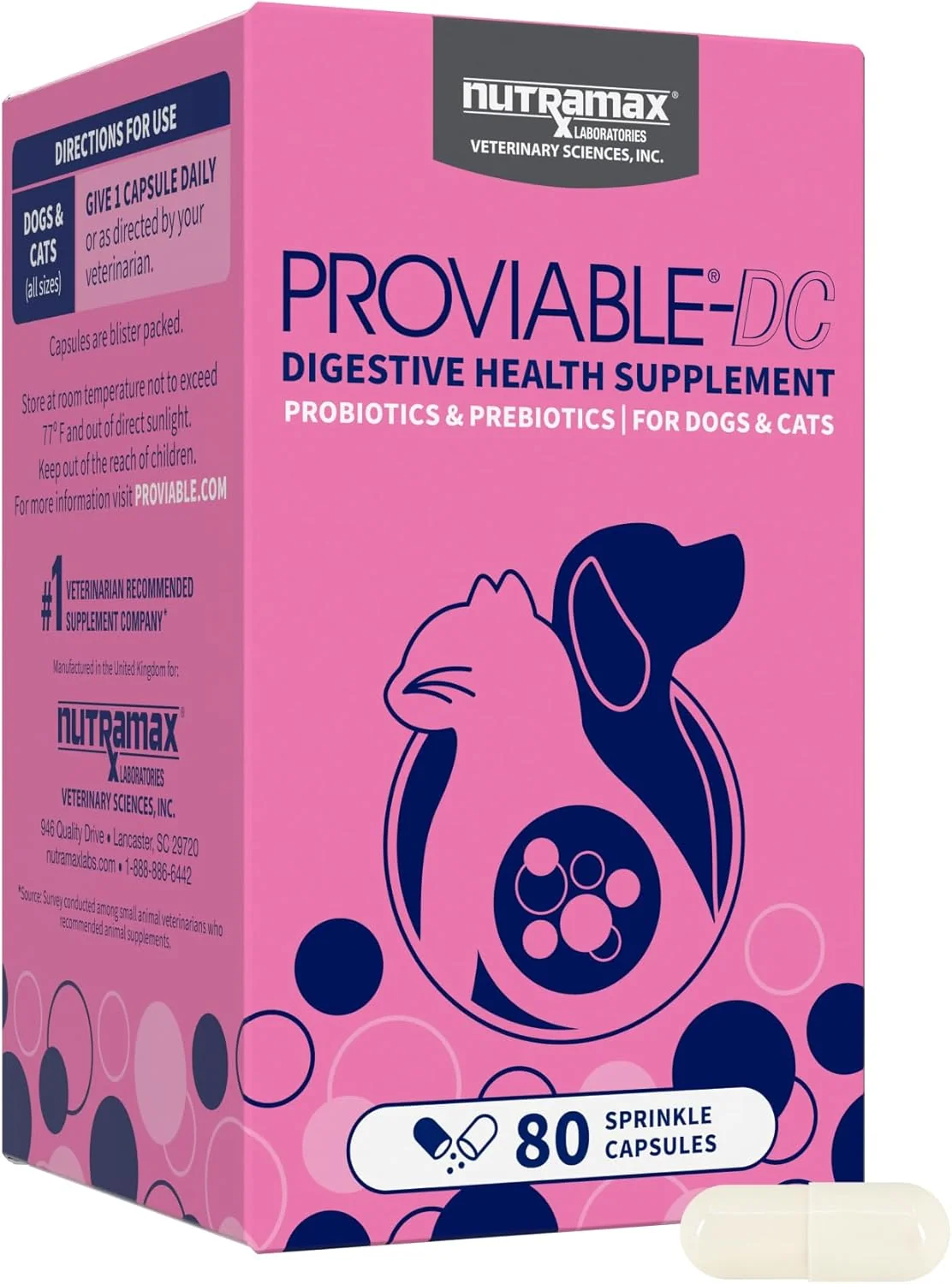 Advanced Nutramax Proviable Probiotics for Dogs and Cats Daily Digestive Health Supplement with Multiple Strains of Bacteria Cat and Dog Probiotics Plus Prebiotics 80 Capsules Flexible
