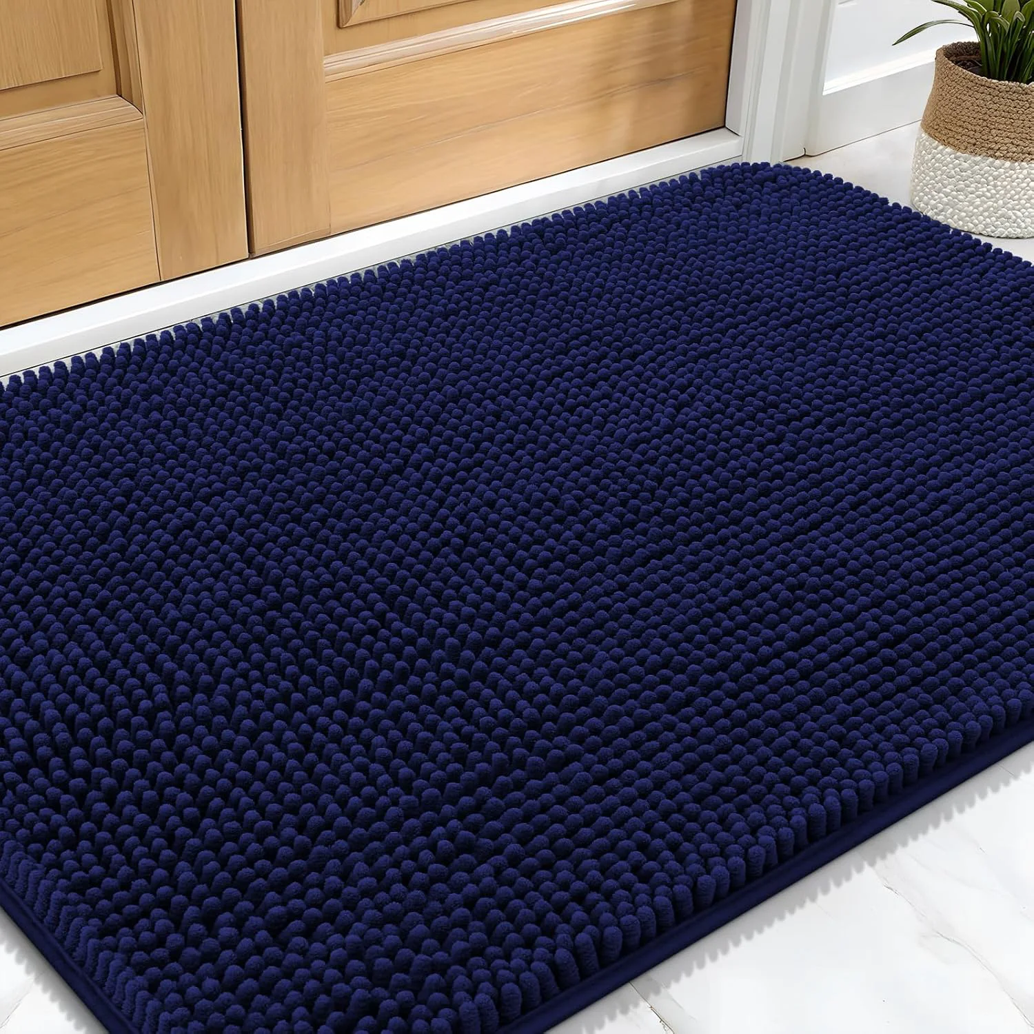 Environmentally Friendly OLANLY Dog Door Mat for Muddy Paws 34x21 Absorbs Moisture and Dirt Absorbent Non-Slip Washable Doormat Quick Dry Chenille Mud Mat for Dogs Entry Indoor Entryway Carpet for Inside Floor Navy Blue Original