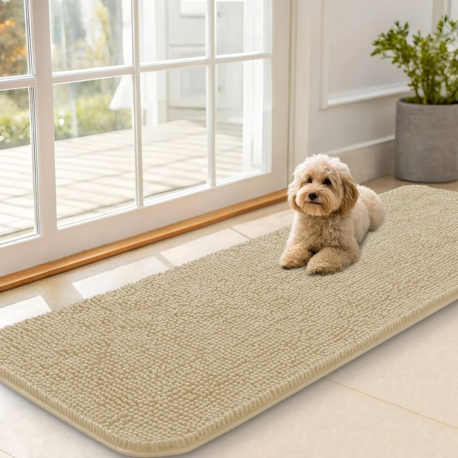 Elegant OLANLY Dog Door Mat for Muddy Paws 59x20 Absorbs Moisture and Dirt Absorbent Non-Slip Washable Doormat Quick Dry Chenille Mud Mat for Dogs Entry Indoor Entryway Carpet for Inside Floor Beige Practical