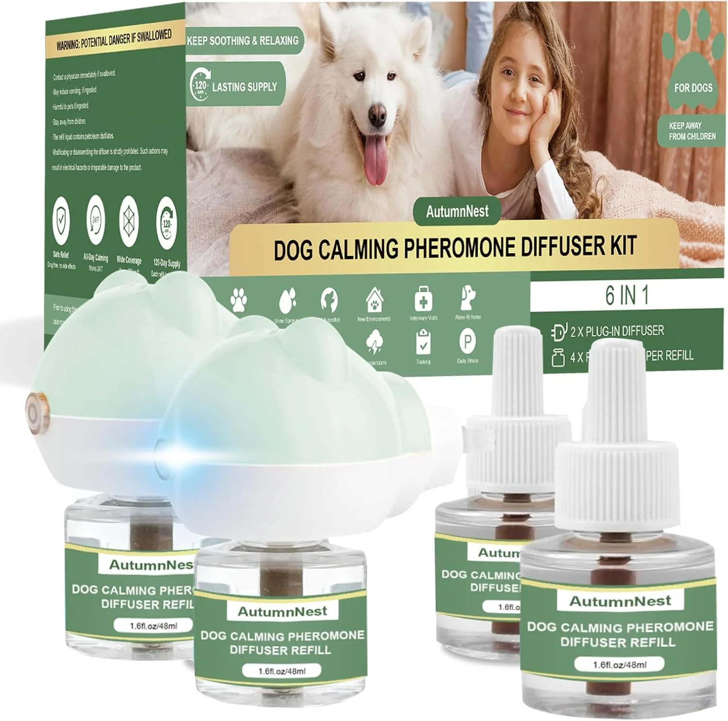 Exclusive Dog Pheromone Diffuser Kit Pet Diffuser for Stress Support Reduces Stress and Promotes Relaxed Behavior 2 Plug-in 4 Packs Refill 120 Day Supply Non-Toxic Safe Inedible Diffuser with Light Smart