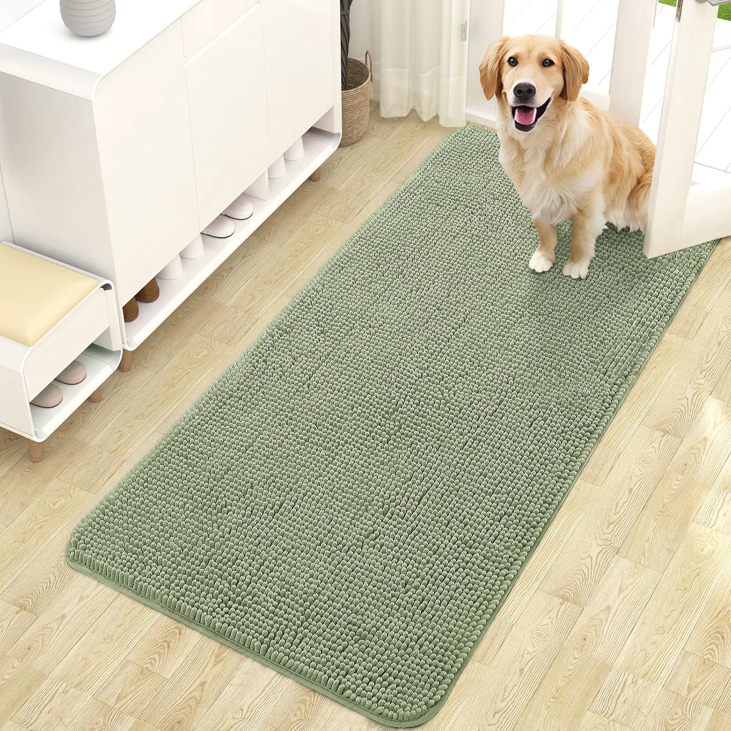 Detailed OLANLY Dog Door Mat for Muddy Paws 47x24 Absorbs Moisture and Dirt Absorbent Non-Slip Washable Doormat Quick Dry Chenille Mud Mat for Dogs Entry Indoor Entryway Carpet for Inside Floor Sage Green Casual