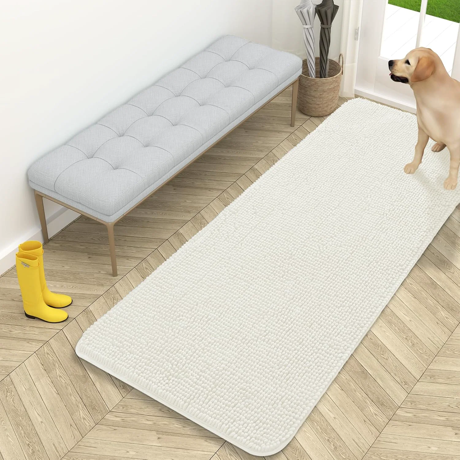 Classic OLANLY Dog Door Mat for Muddy Paws 59x24 Absorbs Moisture and Dirt Absorbent Non-Slip Washable Doormat Quick Dry Chenille Mud Mat for Dogs Entry Indoor Entryway Carpet for Inside Floor Ivory Exceptional