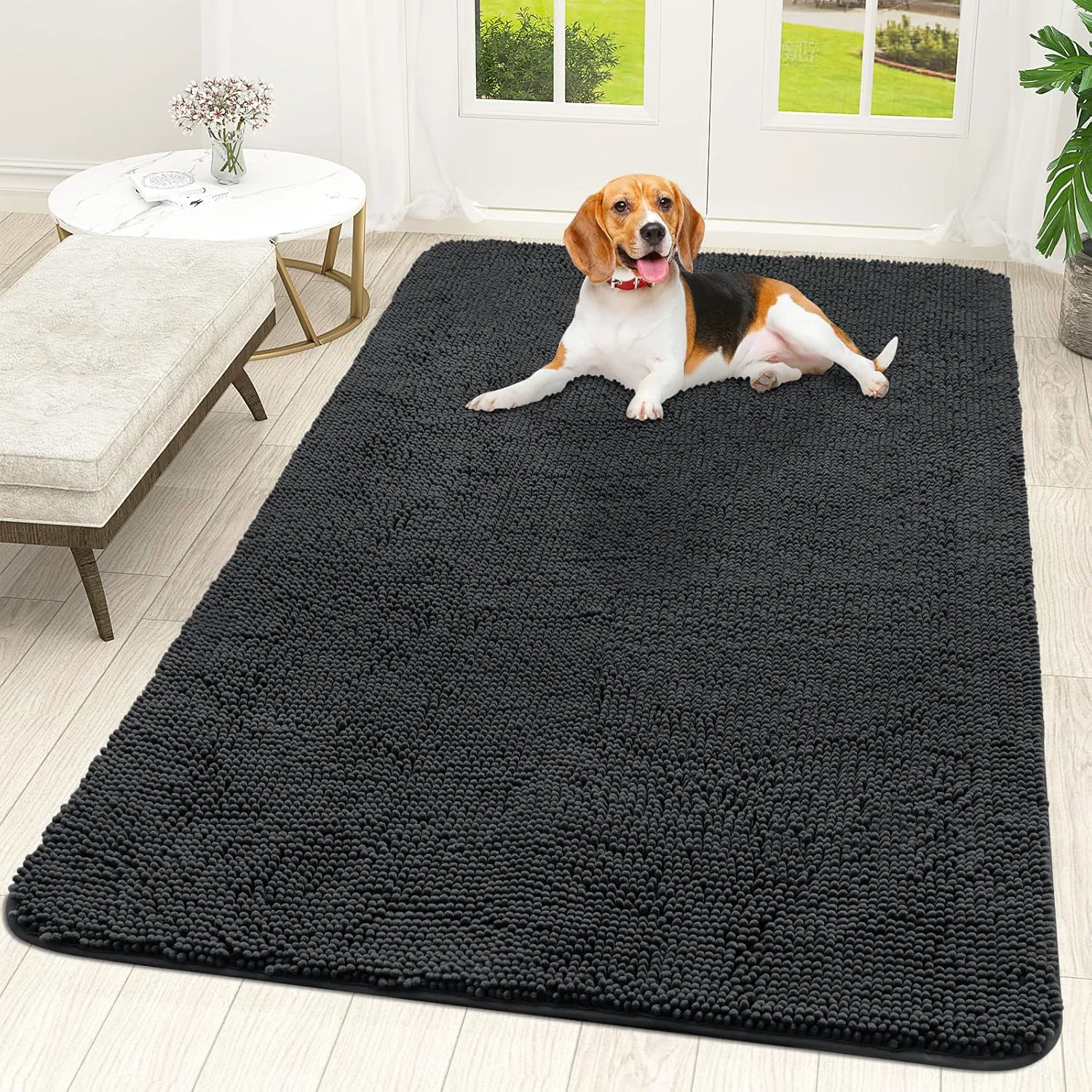 Sustainable OLANLY Dog Door Mat for Muddy Paws 59x35 Absorbs Moisture and Dirt Absorbent Non-Slip Washable Doormat Quick Dry Chenille Mud Mat for Dogs Entry Indoor Entryway Carpet for Inside Floor Dark Grey Recyclable