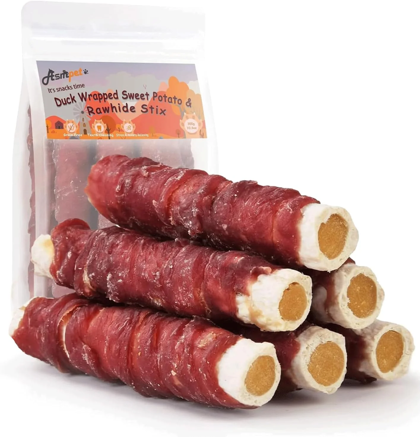 Organic ASMPET Dog Treats Chews Duck Wrapped Rawhide Sticks Filled with Sweet Potato for Small Medium Large Dogs（6pcs） High-Performance