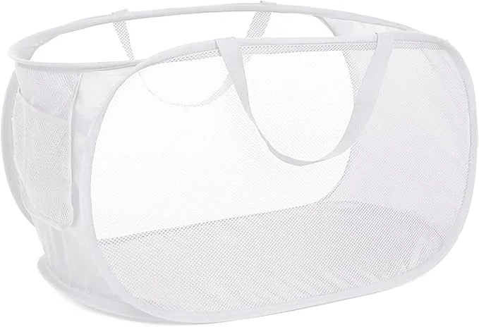 First-Class Strong Mesh Pop Up Laundry Basket Collapsible Laundry Hamper with Side Pocket Foldable Clothes Pop Up Hamper with Durable Reinforced Handles for Laundry Bathroom Kids Room Dorm or Travel WhiteAbout ThisOverview Functional