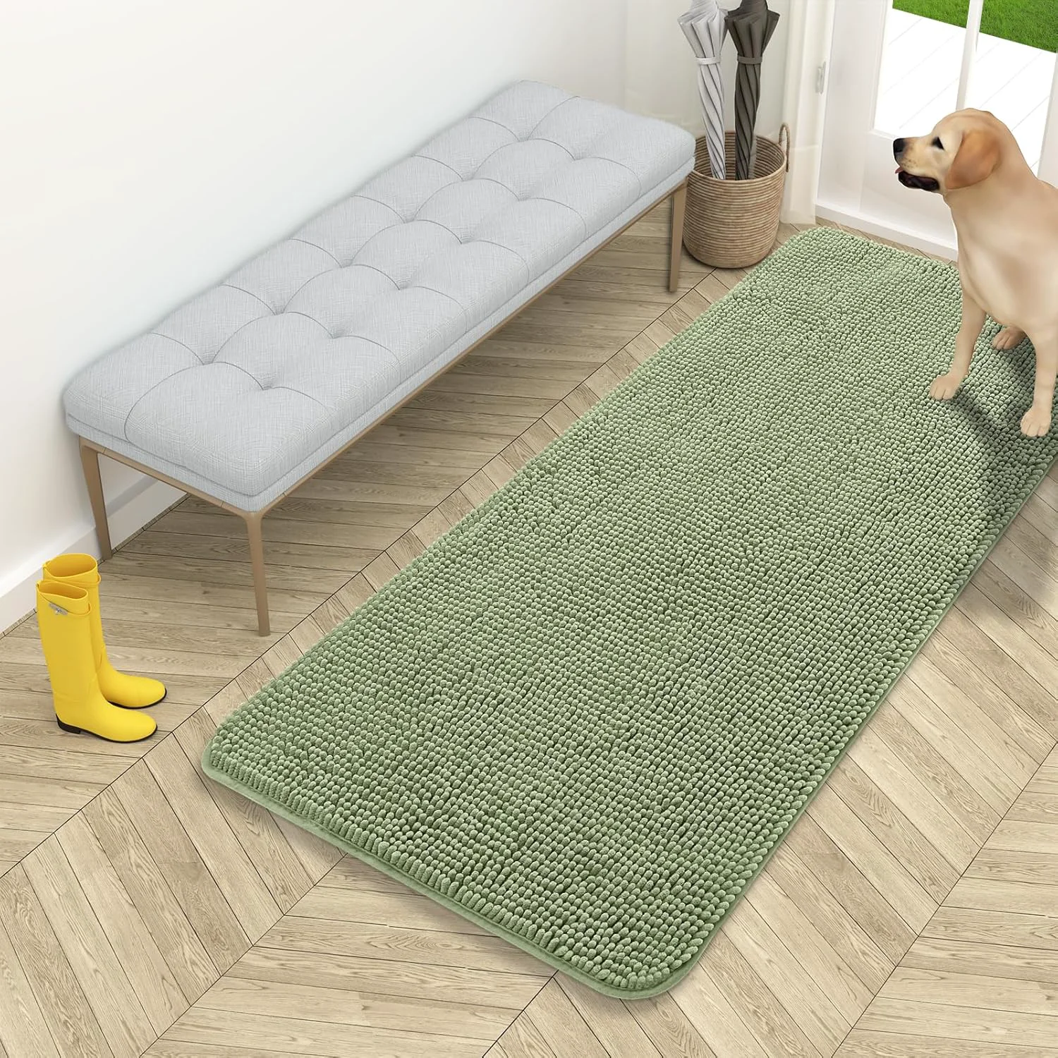 Smart OLANLY Dog Door Mat for Muddy Paws 54x24 Absorbs Moisture and Dirt Absorbent Non-Slip Washable Doormat Quick Dry Chenille Mud Mat for Dogs Entry Indoor Entryway Carpet for Inside Floor Sage Green Original Design