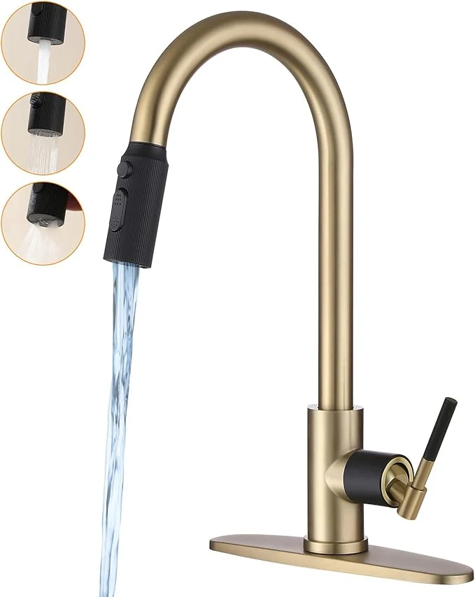 Specialty Gold Kitchen Faucet -High Arc Single Handle Stainless Steel Kitchen Sink Faucet with Pull Down Sprayer- 3 Spray Modes，1.5GPM High Flow Modren Sink Faucets for Rv Farmhouse BarAbout ThisOverview Premium Material