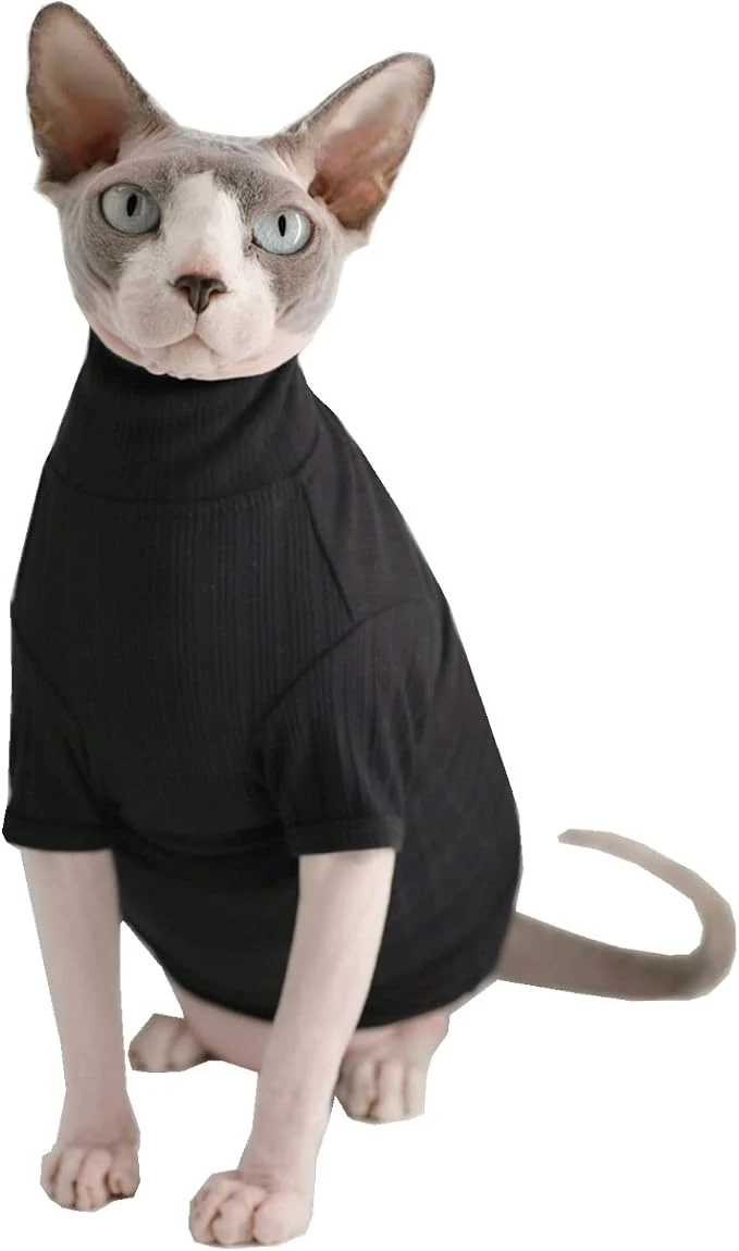Stylish Sphynx Hairless Cats Shirt Cotton Cat Turtleneck Sweater Pullover Kitten Secure