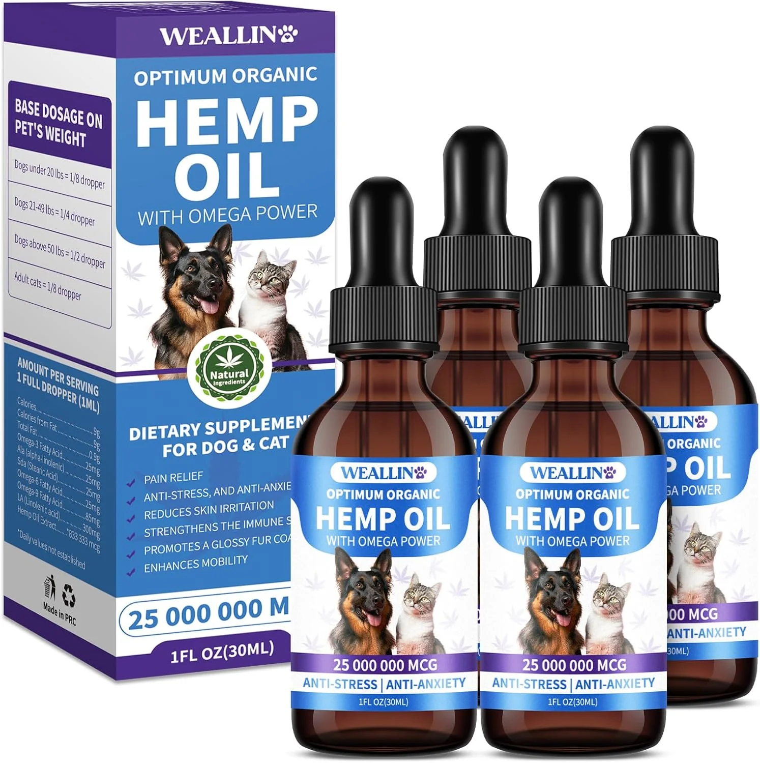 Reusable Hemp Oil for Dogs and Cats - Omega-3 6 9 Rich Organic Extract - Eases Pet Anxiety Pain Skin Coat Health - Stress Relief Hip Joint Support - Calming Treats 4 Pack High-Performance