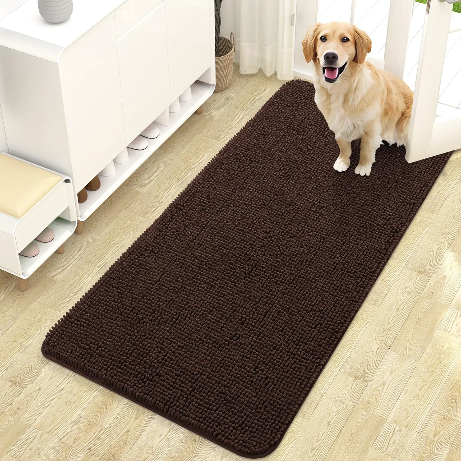 Durable OLANLY Dog Door Mat for Muddy Paws 47x24 Absorbs Moisture and Dirt Absorbent Non-Slip Washable Doormat Quick Dry Chenille Mud Mat for Dogs Entry Indoor Entryway Carpet for Inside Floor Brown Outstanding