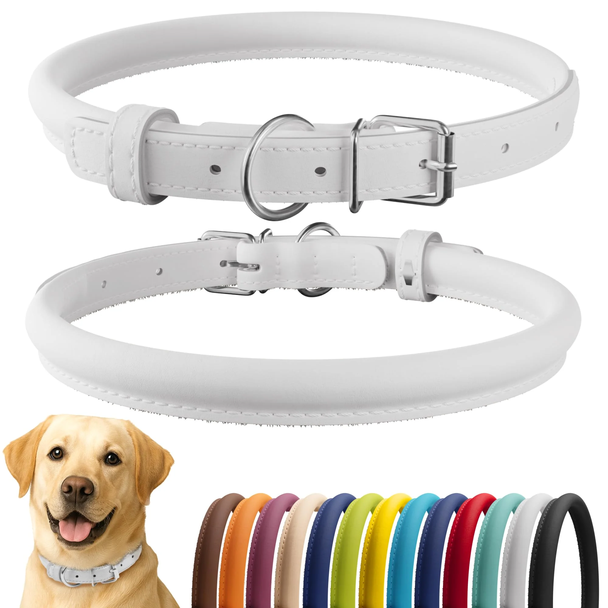 Advanced CollarDirect Rolled Leather Dog Collar — Soft Padded 15–19 in 13 Colors White Smooth Fine Crafted