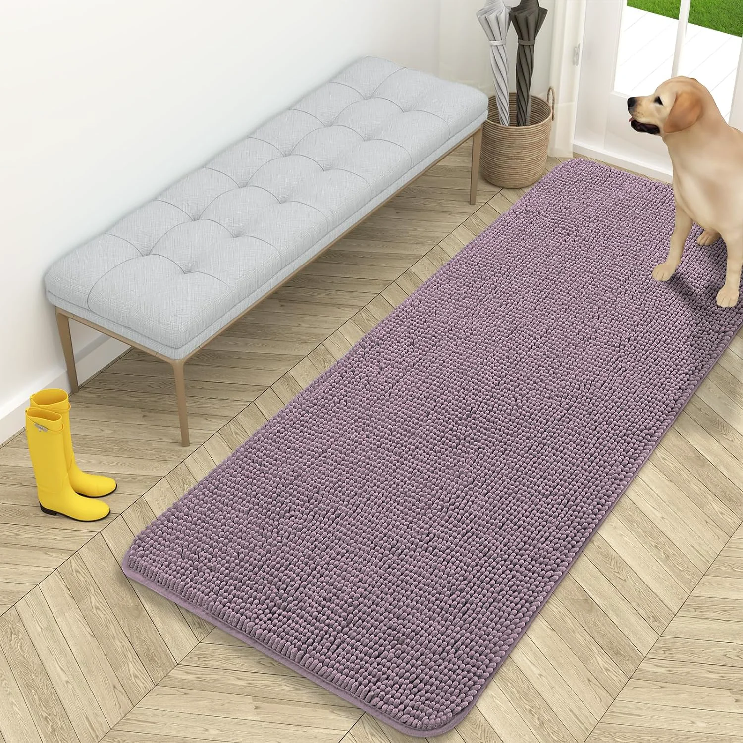 User-Friendly OLANLY Dog Door Mat for Muddy Paws 59x24 Absorbs Moisture and Dirt Absorbent Non-Slip Washable Doormat Quick Dry Chenille Mud Mat for Dogs Entry Indoor Entryway Carpet for Inside Floor Deep Plum Practical