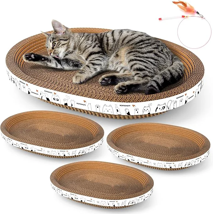 Authentic 3 Pack Oval Cardboard Cat Scratcher Lounger Bed High-Density Cat Scratching Efficient