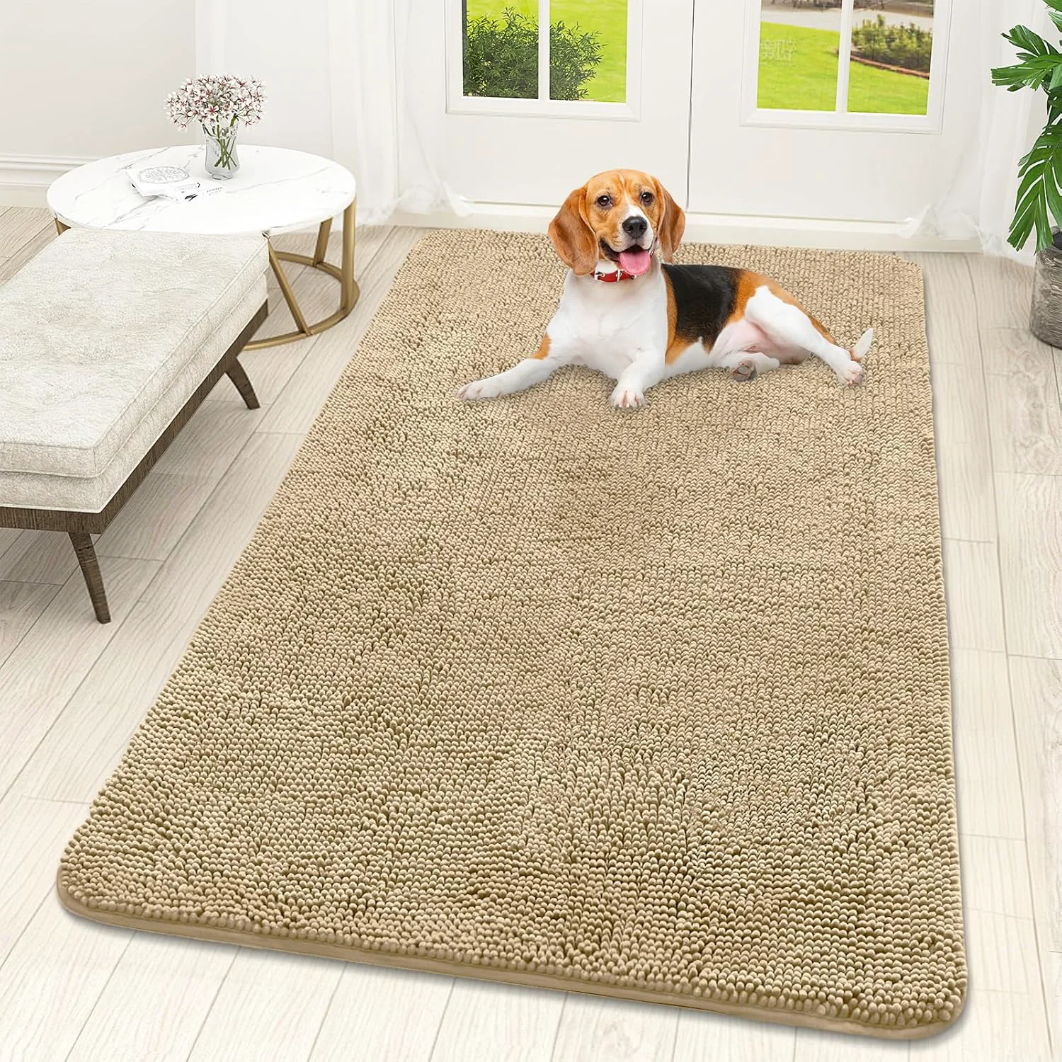 Smooth OLANLY Dog Door Mat for Muddy Paws 59x32 Absorbs Moisture and Dirt Absorbent Non-Slip Washable Doormat Quick Dry Chenille Mud Mat for Dogs Entry Indoor Entryway Carpet for Inside Floor Beige Quality