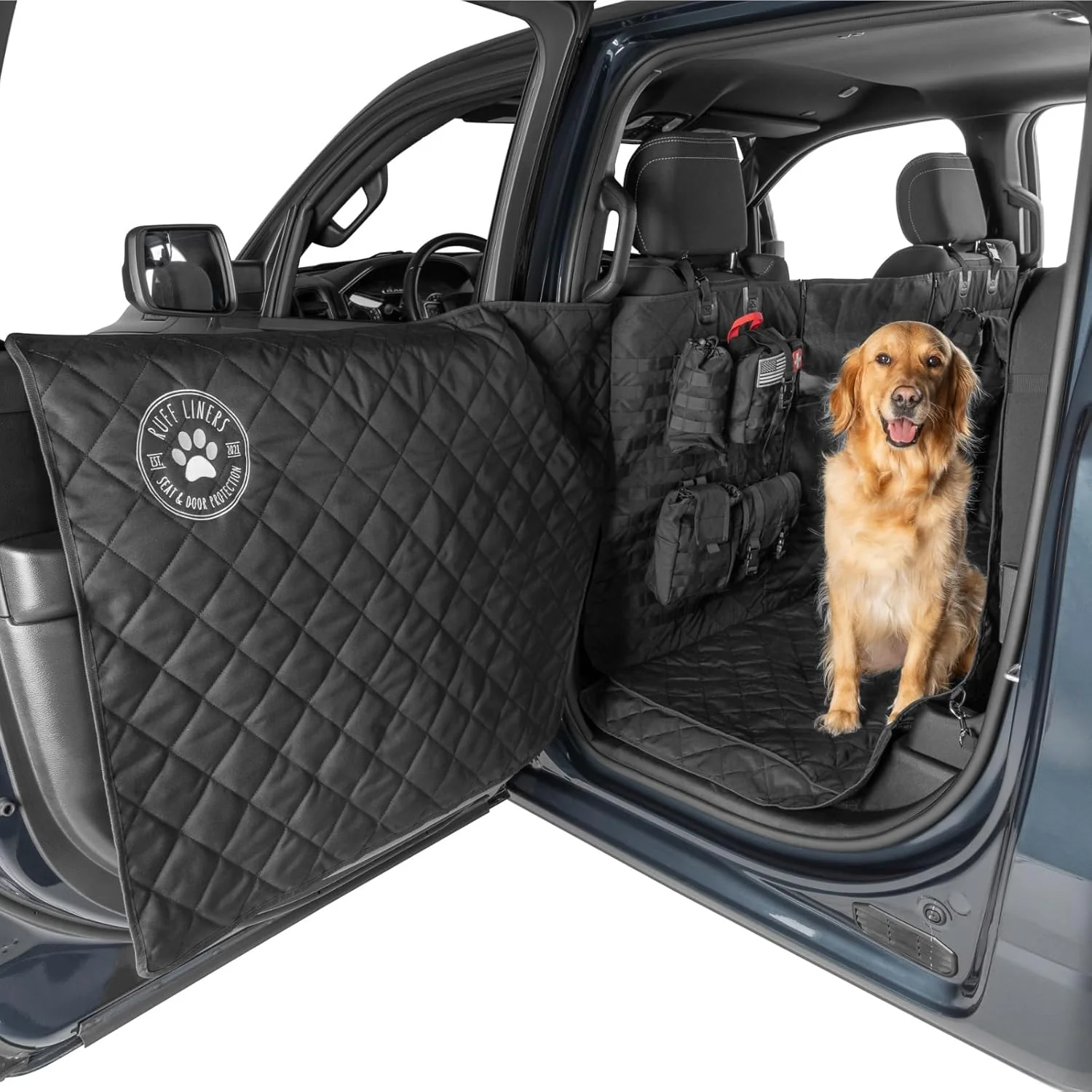 Top-Quality XL Floor Cover with Door Protection and Tactical MOLLE System - As Seen on Shark Tank - Fits Full-Size Crew Cab Trucks with Fold Up Seats Waterproof Machine Washable – XL Dog Hammock for Truck Exclusive