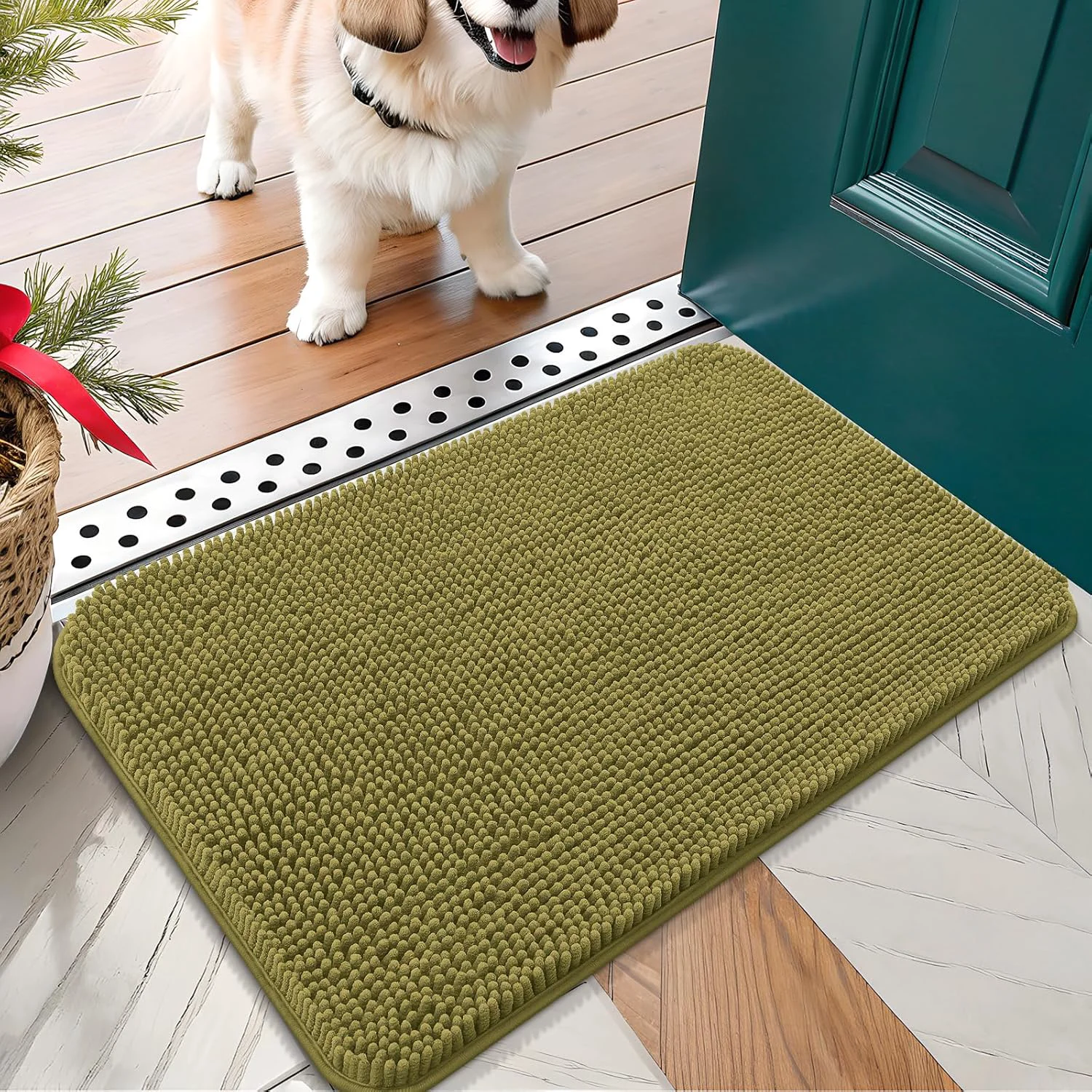 Solid OLANLY Dog Door Mat for Muddy Paws 24x16 Absorbs Moisture and Dirt Absorbent Non-Slip Washable Doormat Quick Dry Chenille Mud Mat Entry Indoor Entryway Carpet for Inside Floor Willow Green Genuine