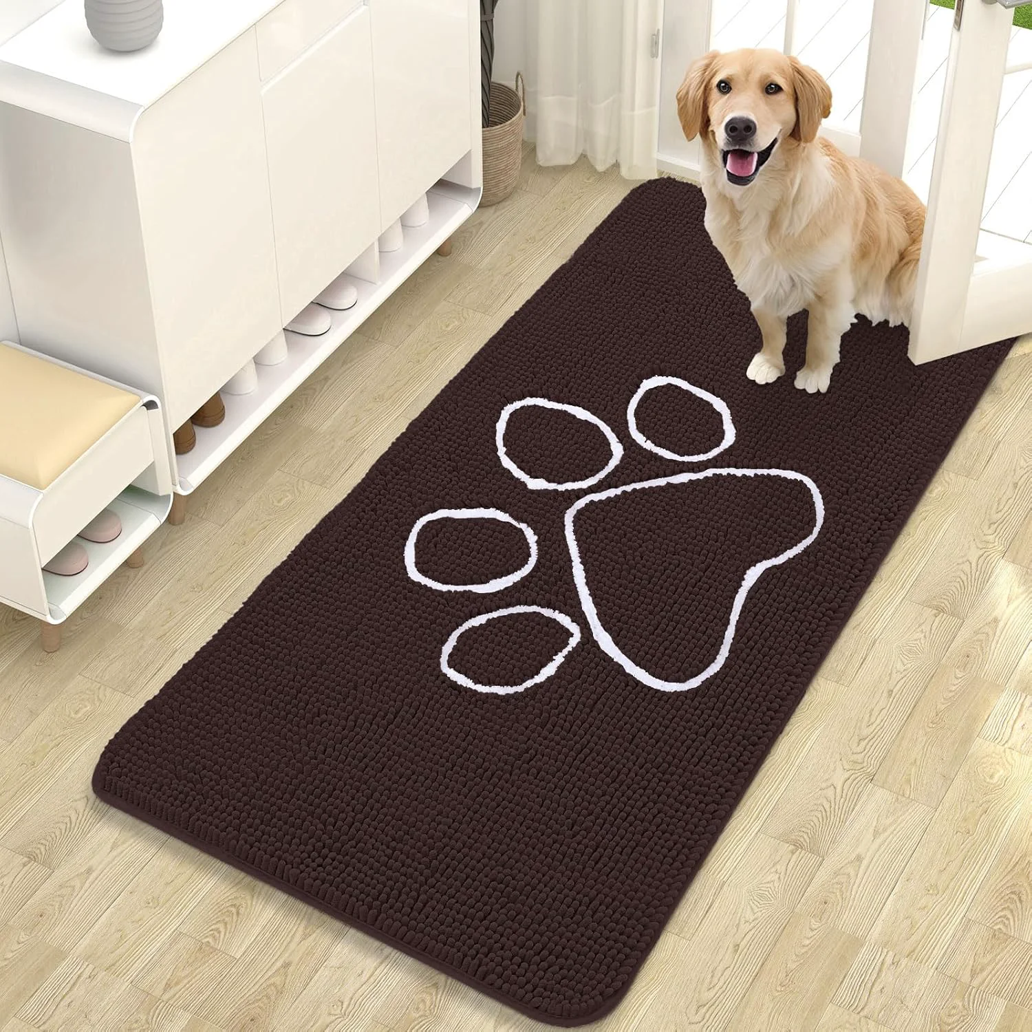 Breathable OLANLY Door Mat for Muddy Dog Paws 47x24 Ultra Absorbent Chenille Mud Doormat with Paw Print Design Non-Slip Washable Doormat for Indoor Entryway Quick-Dry Pet Bed Mats for Dirty Dogs Brown Consistent