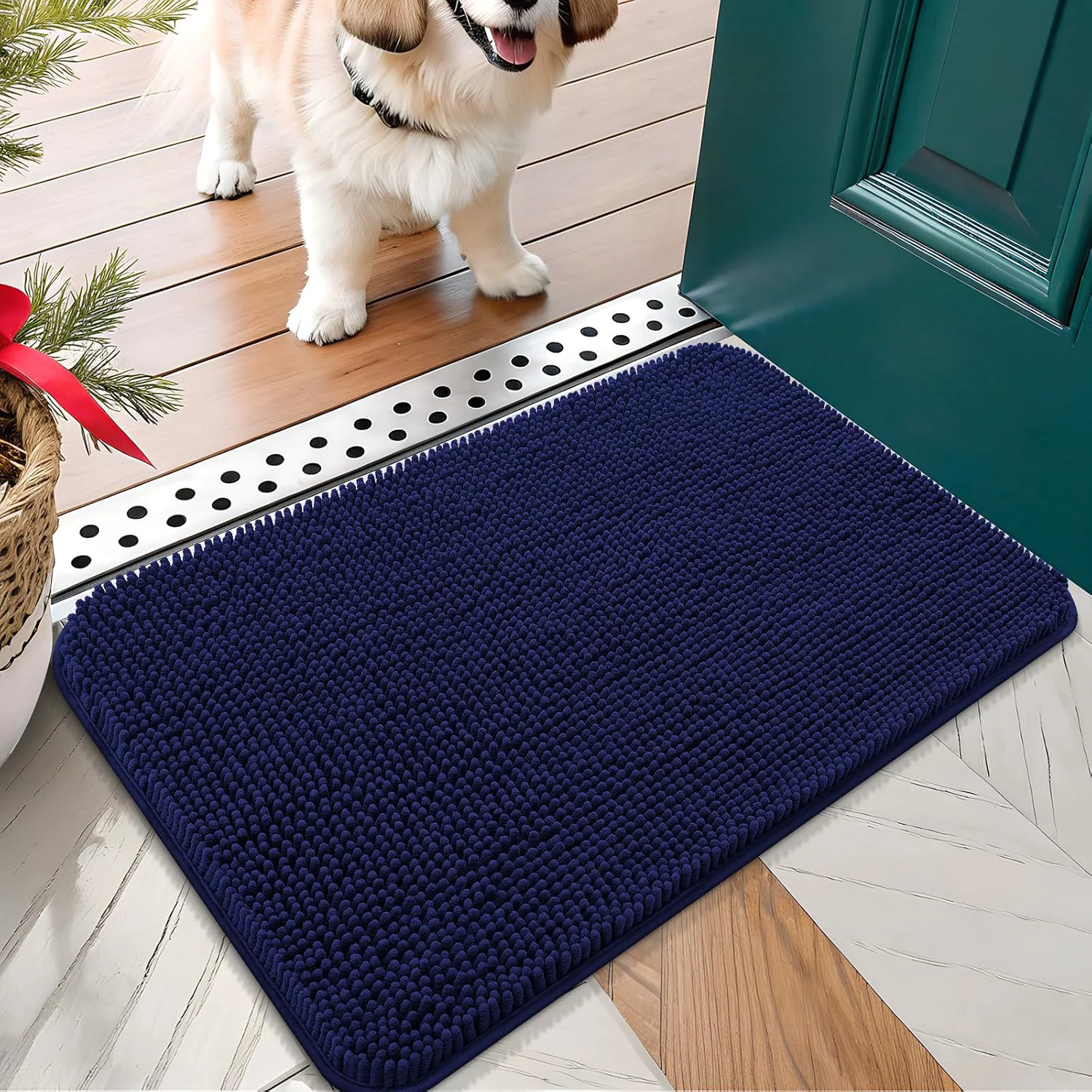 Reusable OLANLY Dog Door Mat for Muddy Paws 30x17 Absorbs Moisture and Dirt Absorbent Non-Slip Washable Doormat Quick Dry Chenille Mud Mat for Dogs Entry Indoor Entryway Carpet for Inside Floor Navy Blue Elite