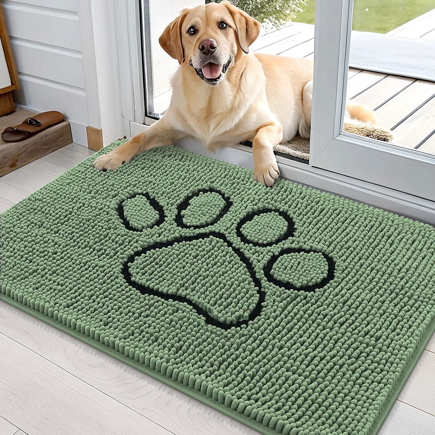 Smart OLANLY Door Mat for Muddy Dog Paws 36x24 Absorbent Chenille Doormat with Paw Print Design Non-Slip Washable Doormat for Indoor Entryway Quick-Dry Pet Bed Mats for Dirty Dogs Olive Green and Black Official
