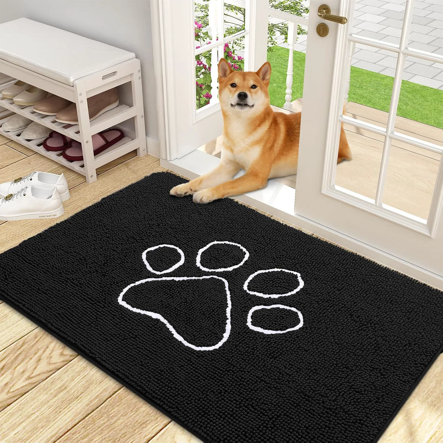Trendy OLANLY Door Mat for Muddy Dog Paws 48x30 Ultra Absorbent Chenille Mud Doormat with Paw Print Design Non-Slip Washable Doormat for Indoor Entryway Quick-Dry Pet Bed Mats for Dirty Dogs Black Flexible