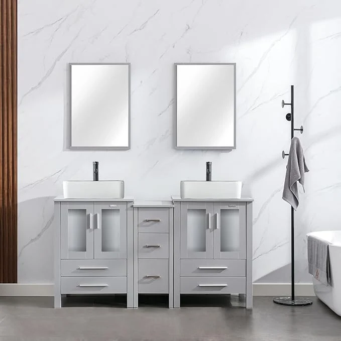 Trendy eclife 60 Modern Bathroom Vanity Sink Combo standing Cabinet with Small Side Cabinet White Black Ceramic Vessel Sink Water Save Faucet Drain Gray T03BK About ThisOverview Flexible