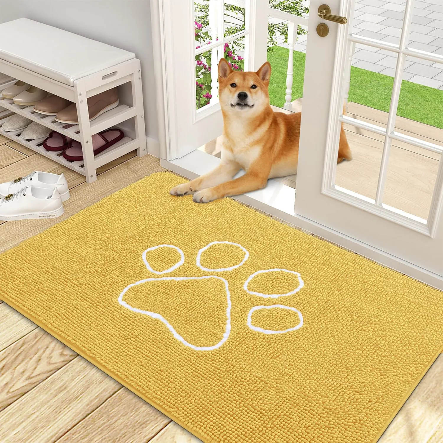 Sustainable OLANLY Door Mat for Muddy Dog Paws 48x30 Ultra Absorbent Chenille Mud Doormat with Paw Print Design Non-Slip Washable Doormat for Indoor Entryway Quick-Dry Pet Bed Mats for Dirty Dogs Yellow Trendy