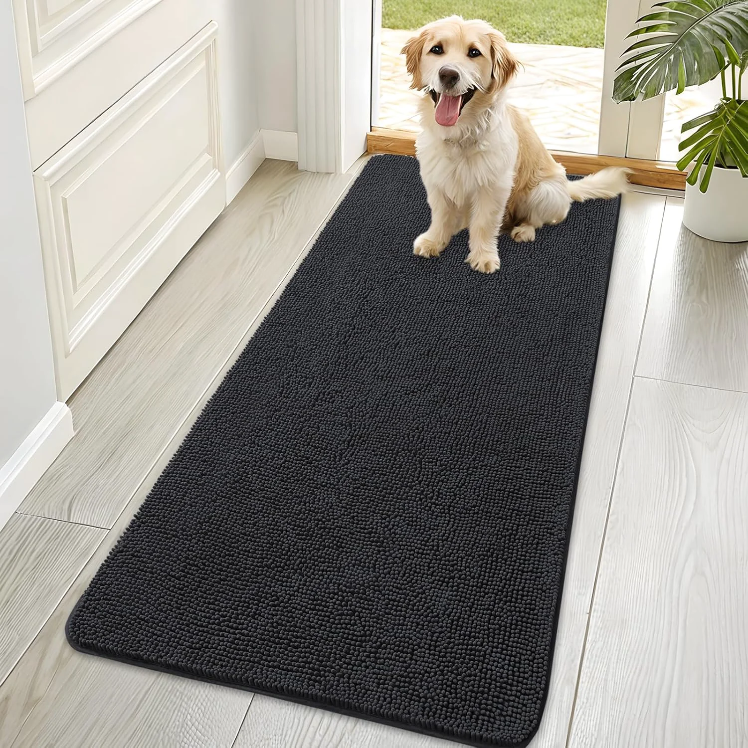 Smart OLANLY Dog Door Mat for Muddy Paws 70x35 Absorbs Moisture and Dirt Absorbent Non-Slip Washable Doormat Quick Dry Chenille Mud Mat for Dogs Entry Indoor Entryway Carpet for Inside Floor Dark Grey Superior