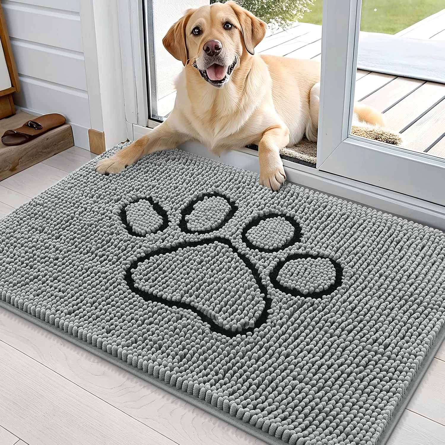 Smooth OLANLY Door Mat for Muddy Dog Paws 36x24 Ultra Absorbent Chenille Mud Doormat with Paw Print Design Non-Slip Washable Doormat for Indoor Entryway Quick-Dry Pet Bed Mats for Dirty Dogs Grey Selected