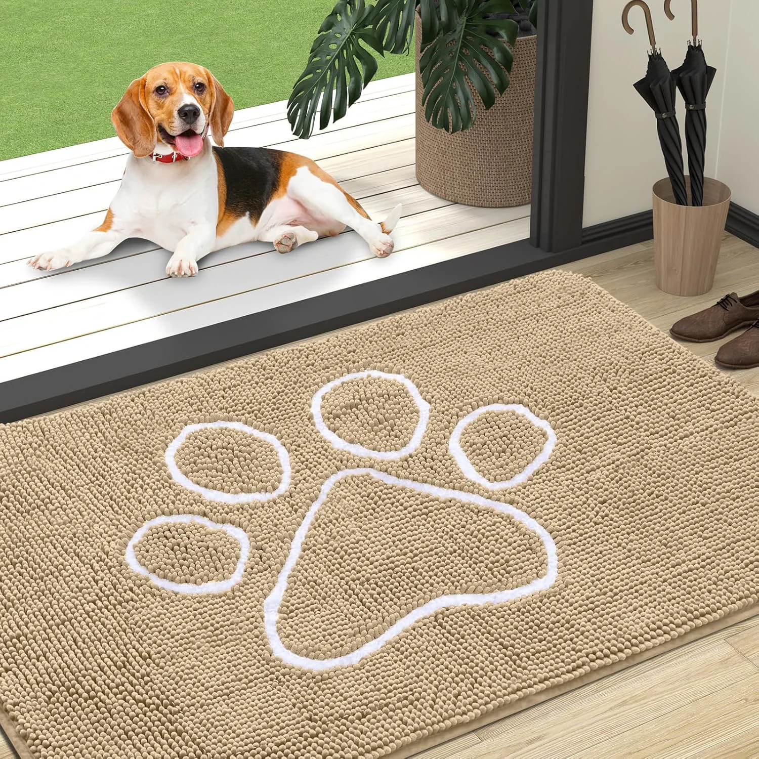 Exclusive OLANLY Door Mat for Muddy Dog Paws 47x32 Ultra Absorbent Chenille Mud Doormat with Paw Print Design Non-Slip Washable Doormat for Indoor Entryway Quick-Dry Pet Bed Mats for Dirty Dogs Beige Pure