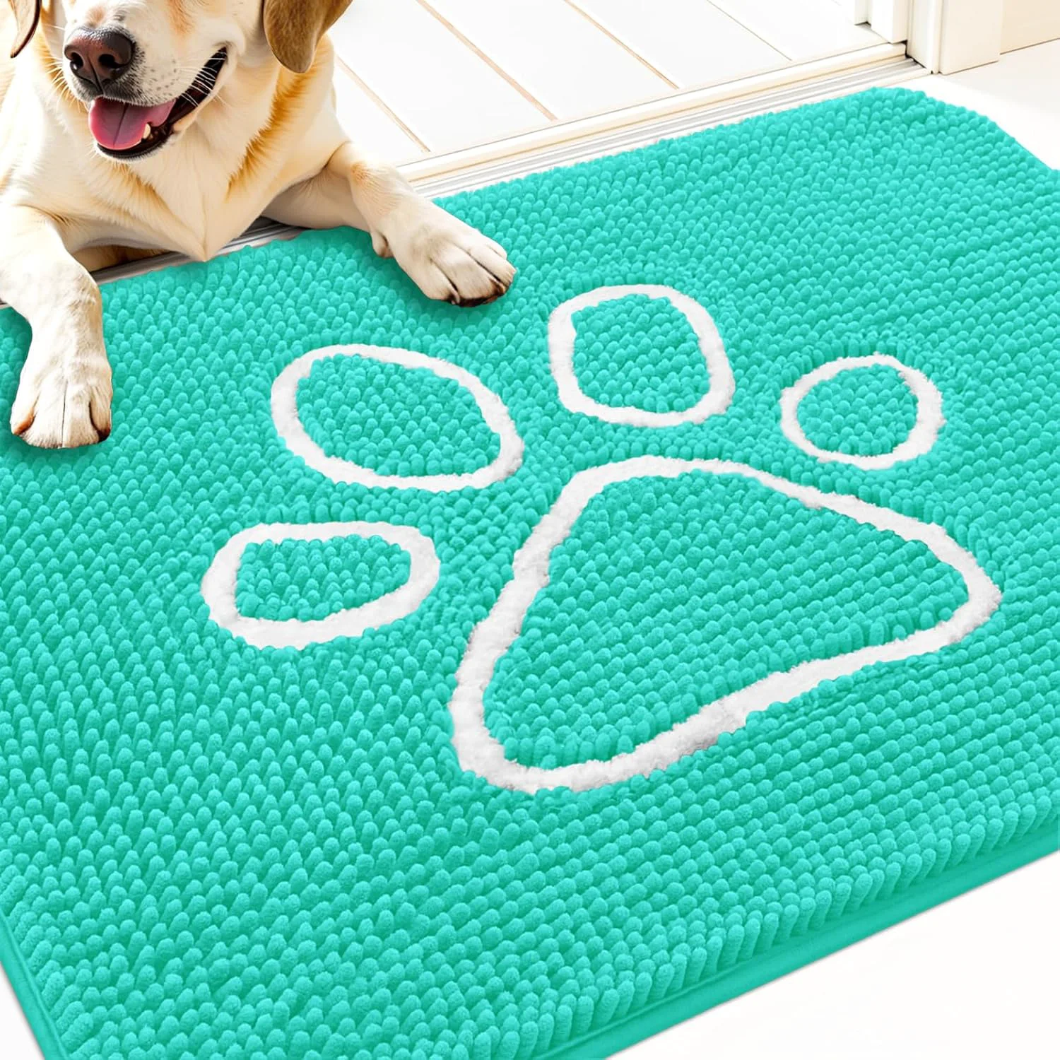Selected OLANLY Door Mat for Muddy Dog Paws 30x20 Ultra Absorbent Chenille Mud Doormat with Paw Print Design Non-Slip Washable Doormat for Indoor Entryway Quick-Dry Pet Bed Mats for Dirty Dogs Teal Safe