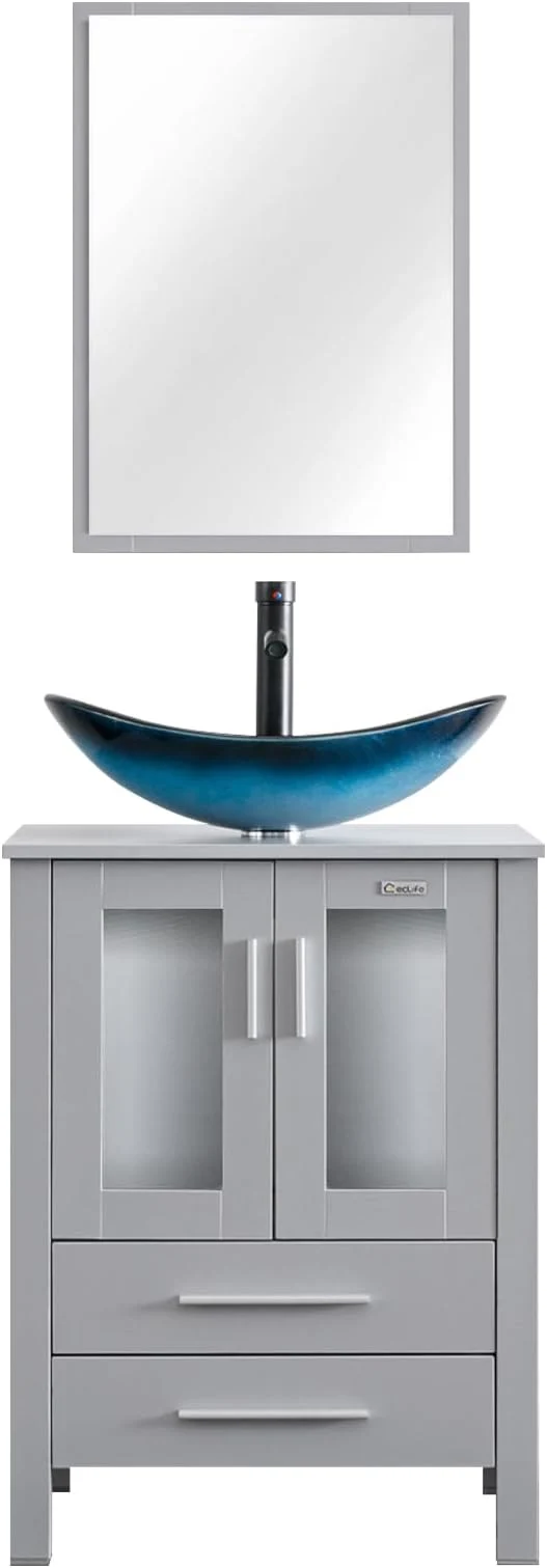 Classic eclife 24 Modern Bathroom Vanity Sink Combo standing Cabinet with Soft Closing Door Blue Boat Glass Vessel Sink Water Save Faucet Drain Gray A29BU About ThisOverview Professional