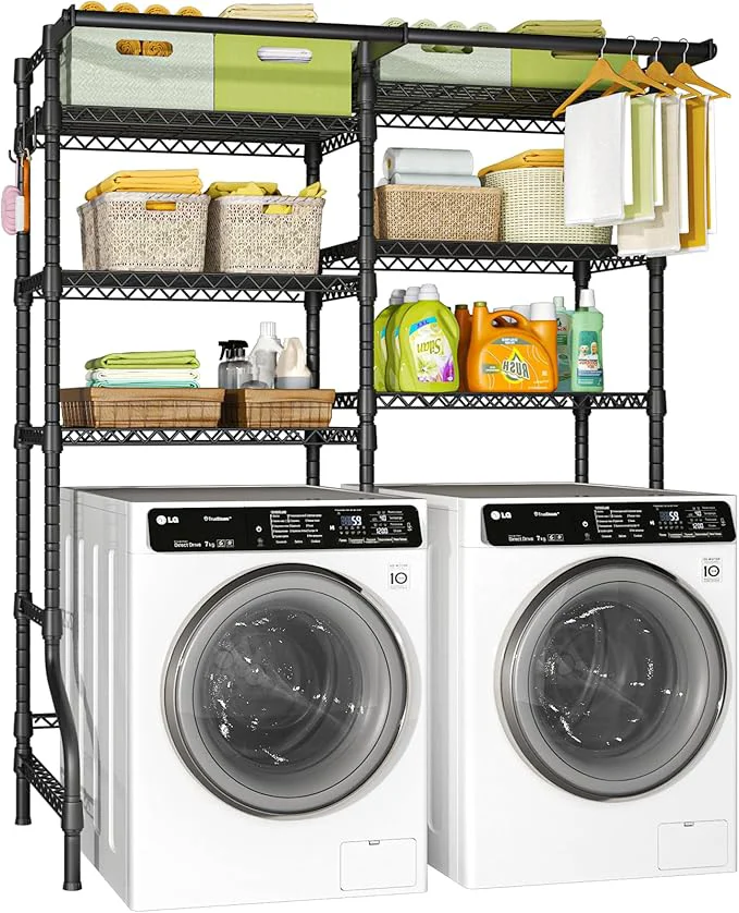 Clean Ulif U13 Medium Over Washer and Dryer Storage Shelves 6 Tiers Laundry Room Standing Shelf with 2 Hanger Rods Space Saver Clothes Drying Rack 57.8 W x 22 D x 77.4 H BlackAbout ThisOverview Smooth