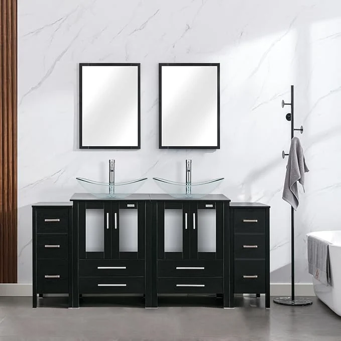 Effective eclife 72 Modern Bathroom Vanity Sink Combo standing Cabinet with Small Side Cabinet Clear Boat Glass Vessel Sink Water Save Faucet Drain Black A29TT About ThisOverview Premium Material