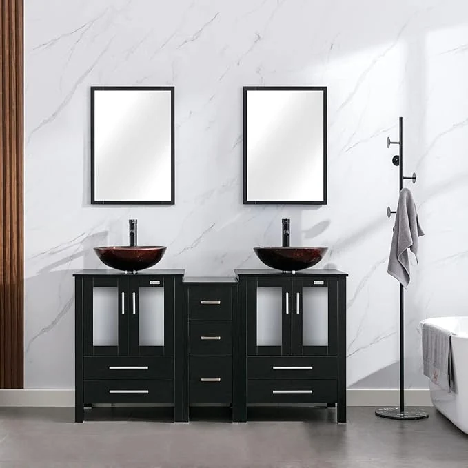Solid eclife 60 Modern Bathroom Vanity Sink Combo standing Cabinet with Small Side Cabinet Brown Round Glass Vessel Sink Water Save Faucet Drain Black A09 About ThisOverview Flexible