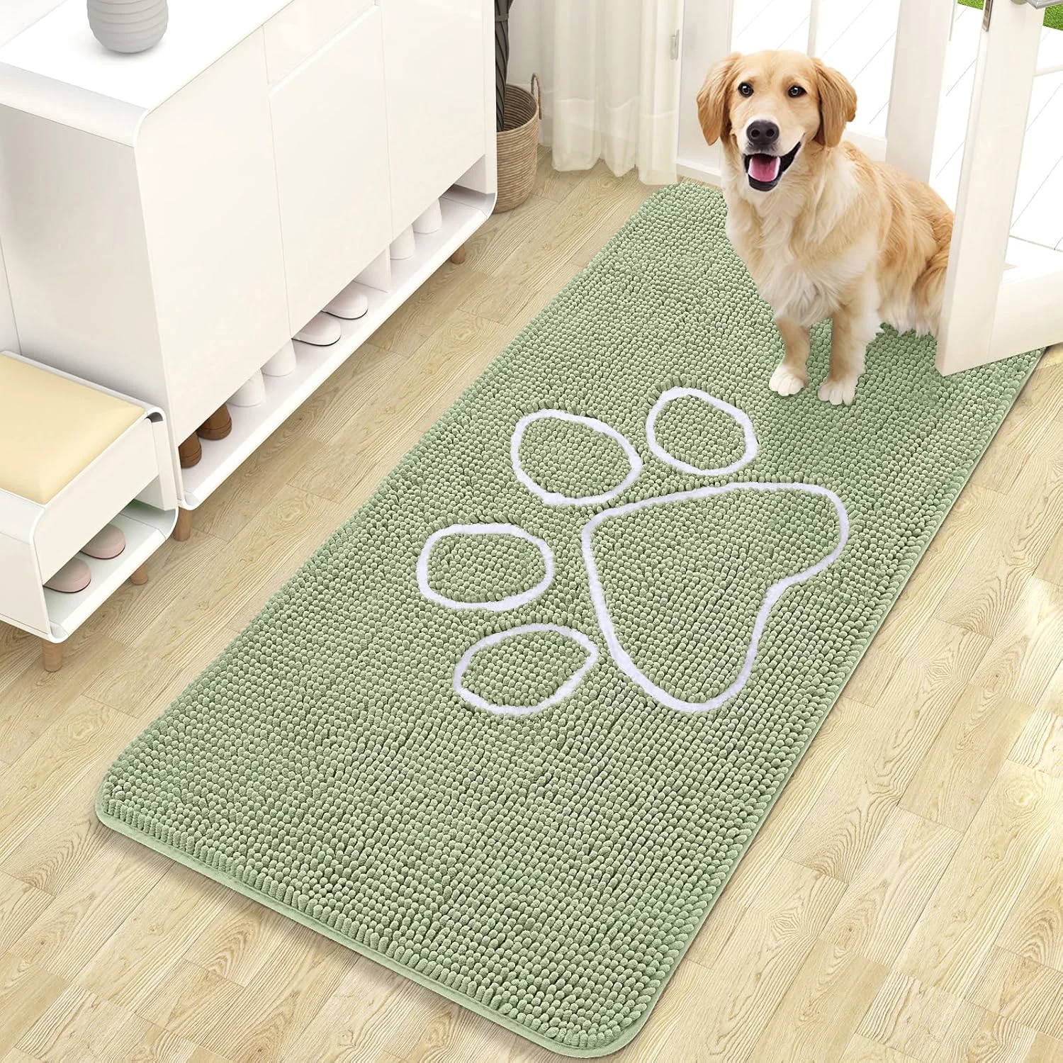 Fashionable OLANLY Door Mat for Muddy Dog Paws 47x24 Ultra Absorbent Chenille Mud Doormat with Paw Print Design Non-Slip Washable Doormat for Indoor Entryway Quick-Dry Pet Bed Mats for Dirty Dogs Sage Green Long-Lasting
